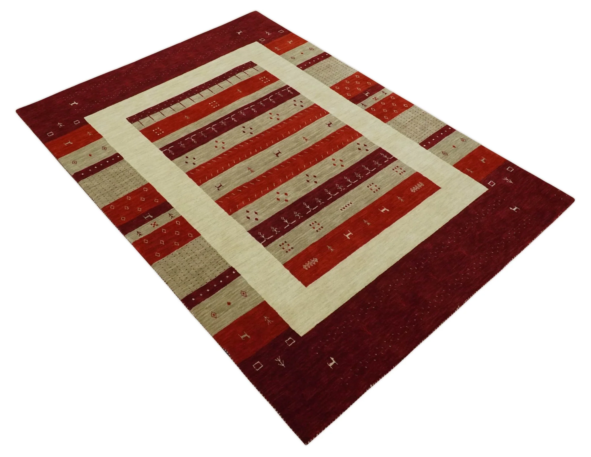 5x8 Red, Maroon and Beige Striped Wool Hand Woven Southwestern Lori Gabbeh Rug | KNT26 - Image 10