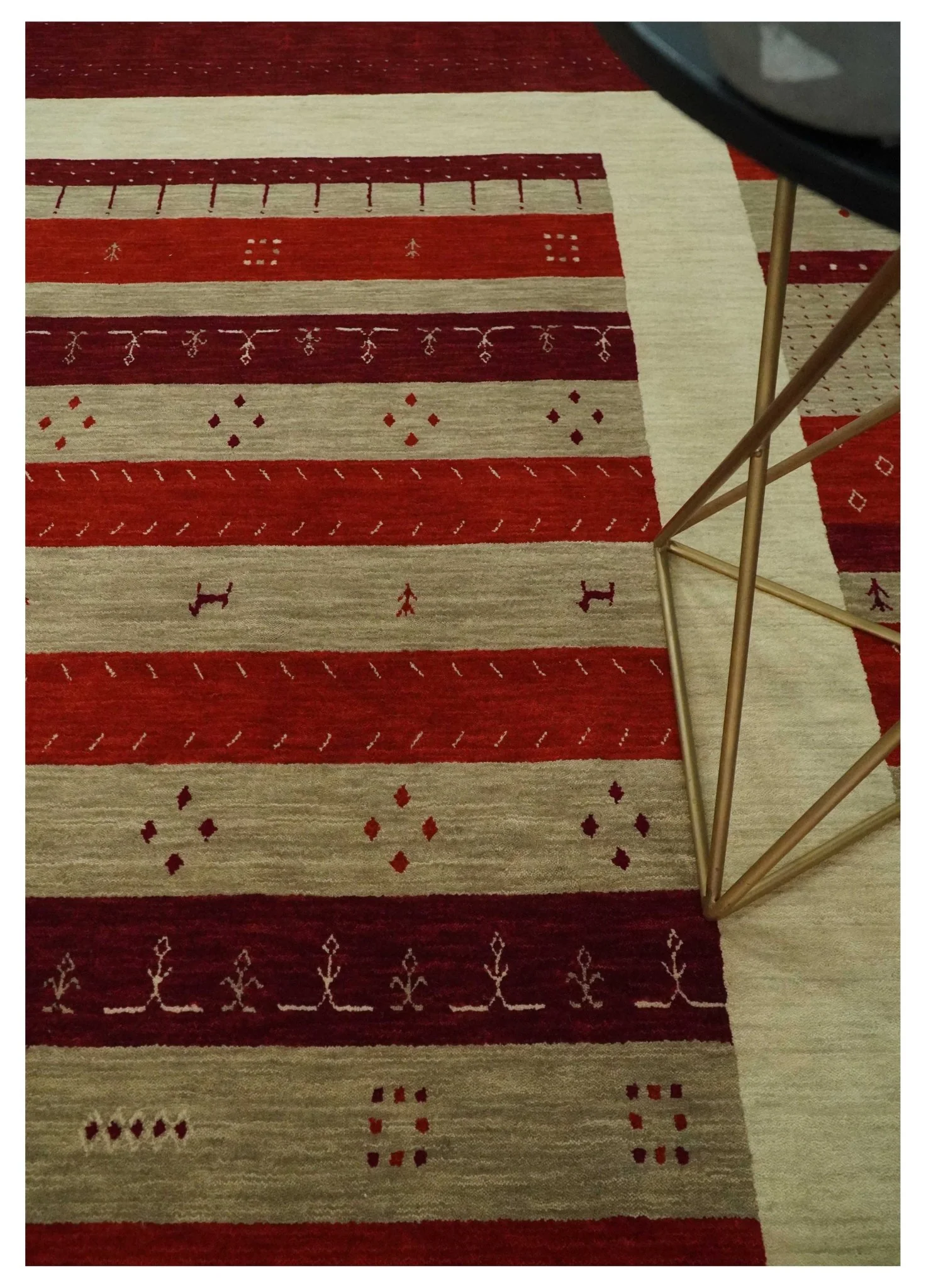 5x8 Red, Maroon and Beige Striped Wool Hand Woven Southwestern Lori Gabbeh Rug | KNT26 - Image 2