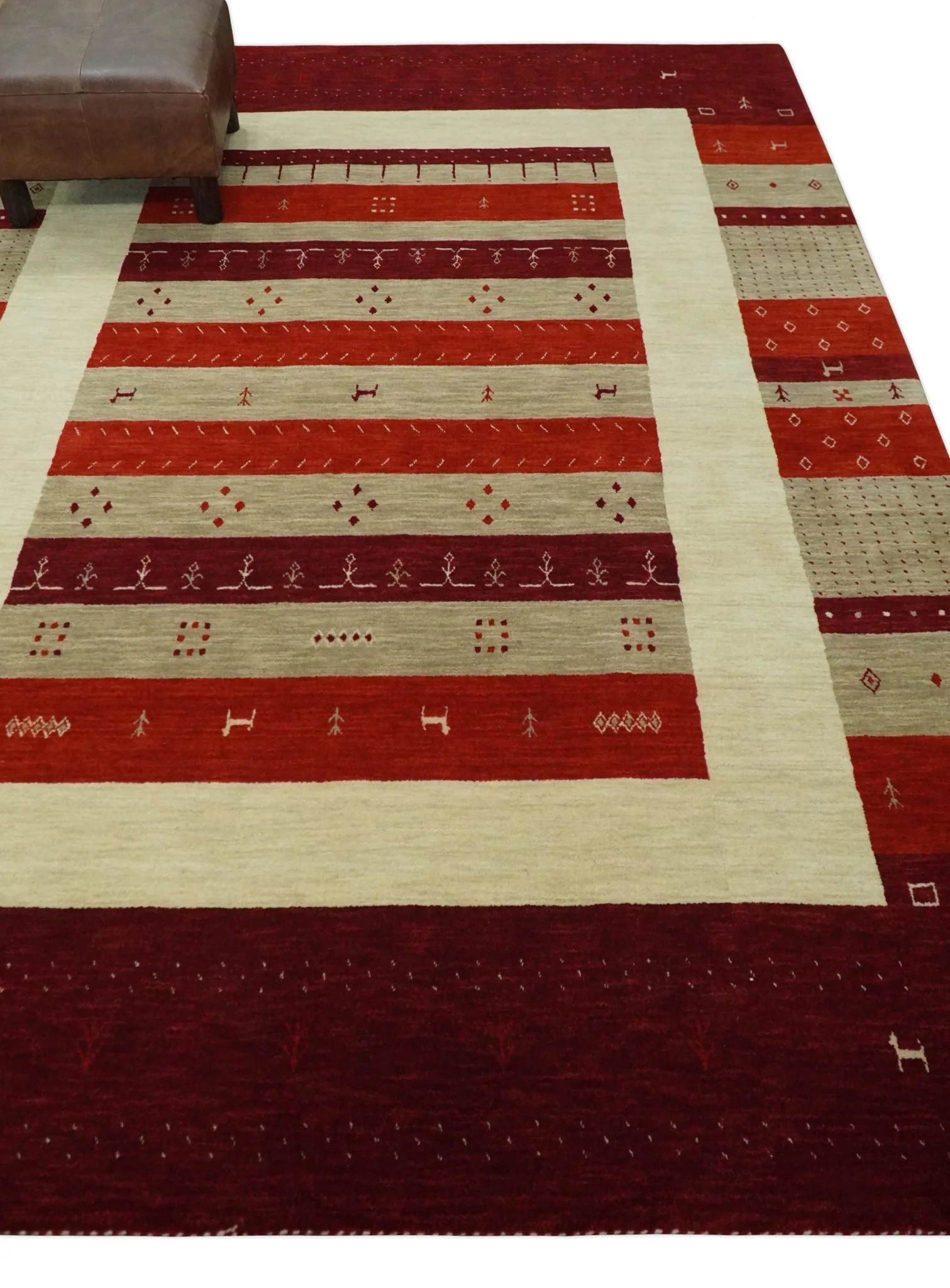 5x8 Red, Maroon and Beige Striped Wool Hand Woven Southwestern Lori Gabbeh Rug | KNT26 - Image 3