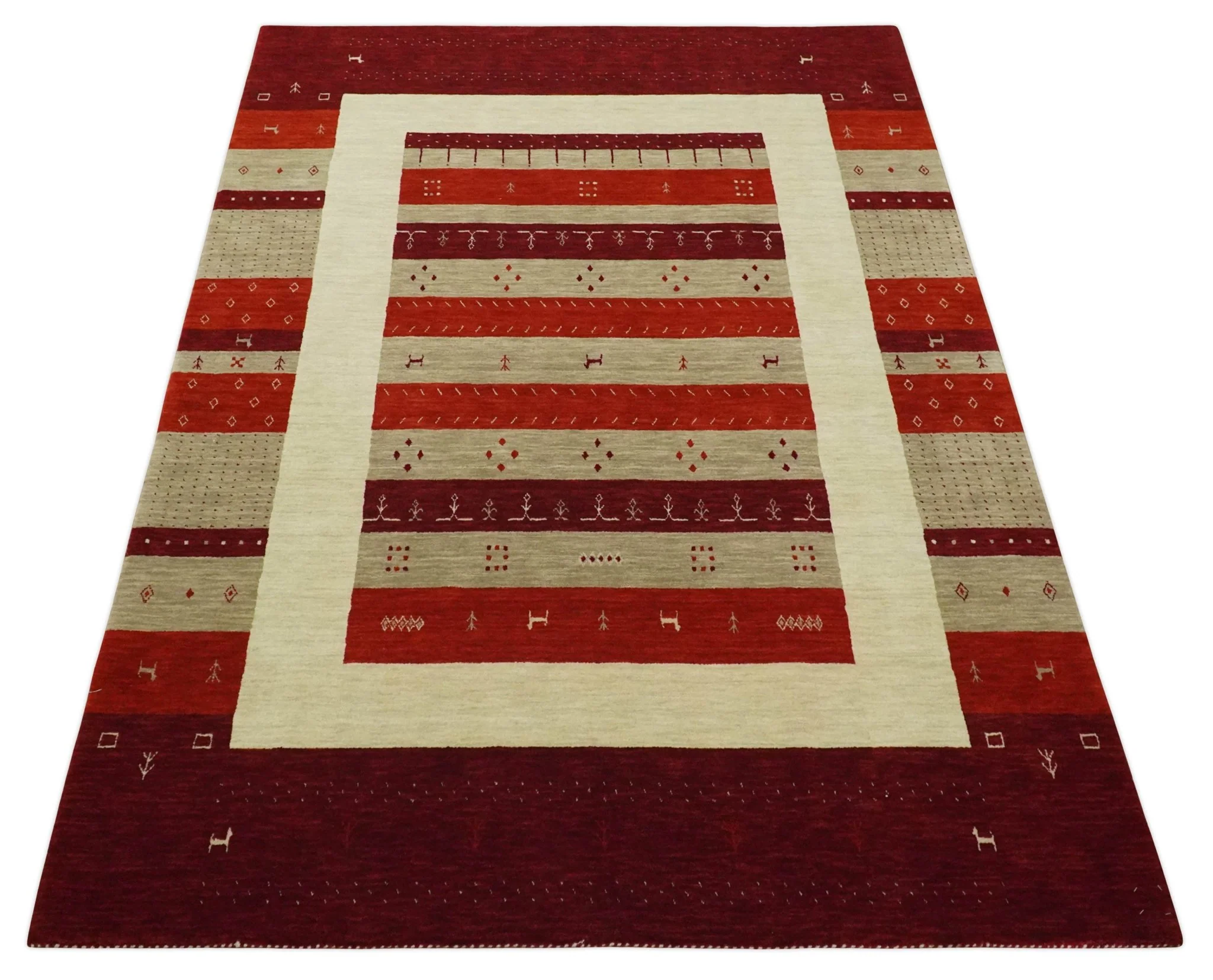 5x8 Red, Maroon and Beige Striped Wool Hand Woven Southwestern Lori Gabbeh Rug | KNT26 - Image 7
