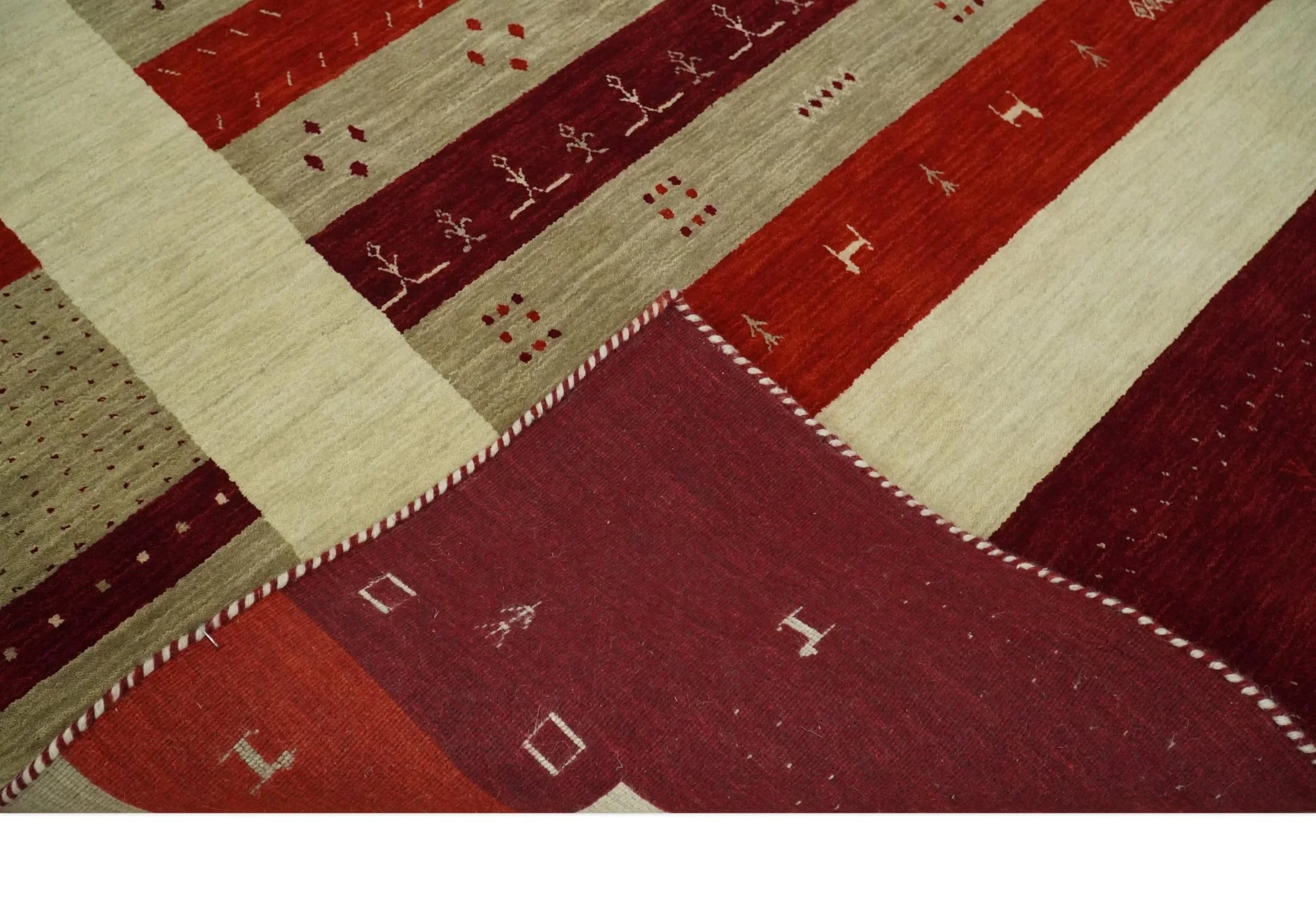 5x8 Red, Maroon and Beige Striped Wool Hand Woven Southwestern Lori Gabbeh Rug | KNT26 - Image 9