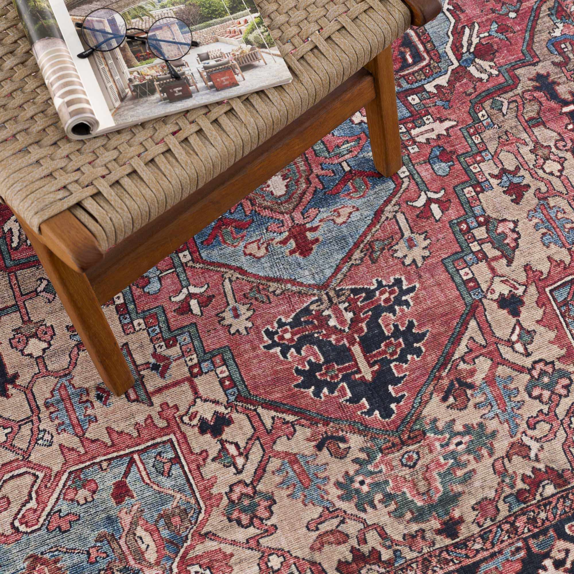 Rich Maroon, Tan and Blue Traditional Heriz Medallion Vintage Style Multi Size rug - Image 16