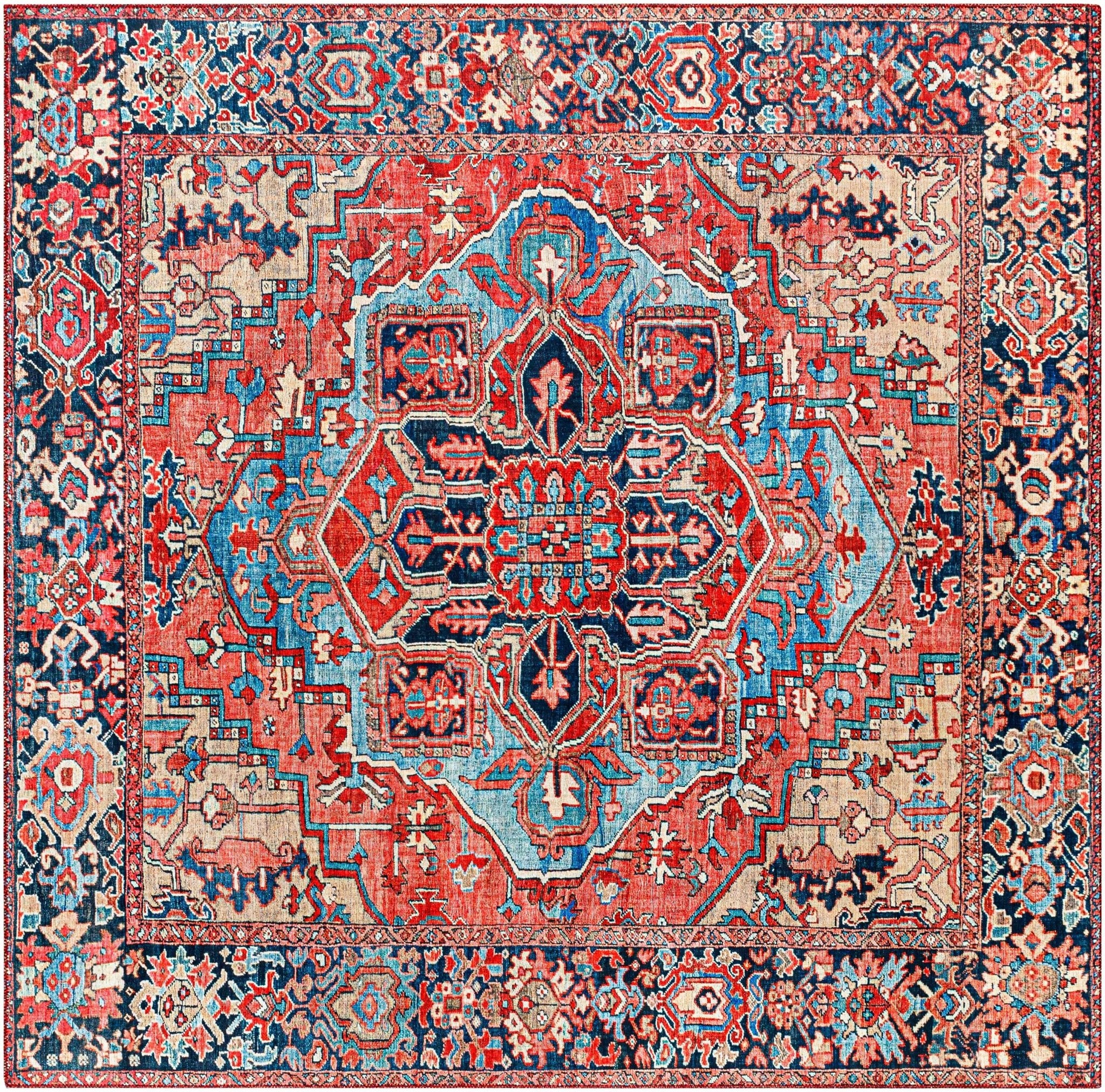 Rich Maroon, Tan and Blue Traditional Heriz Medallion Vintage Style Multi Size rug - Image 3