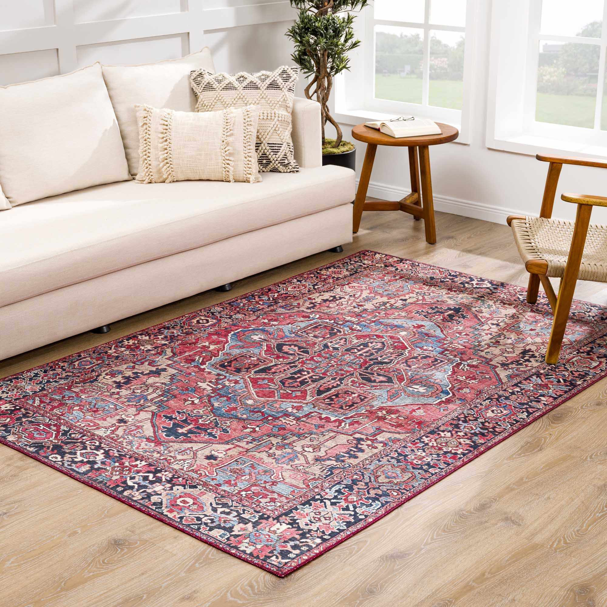 Rich Maroon, Tan and Blue Traditional Heriz Medallion Vintage Style Multi Size rug - Image 8