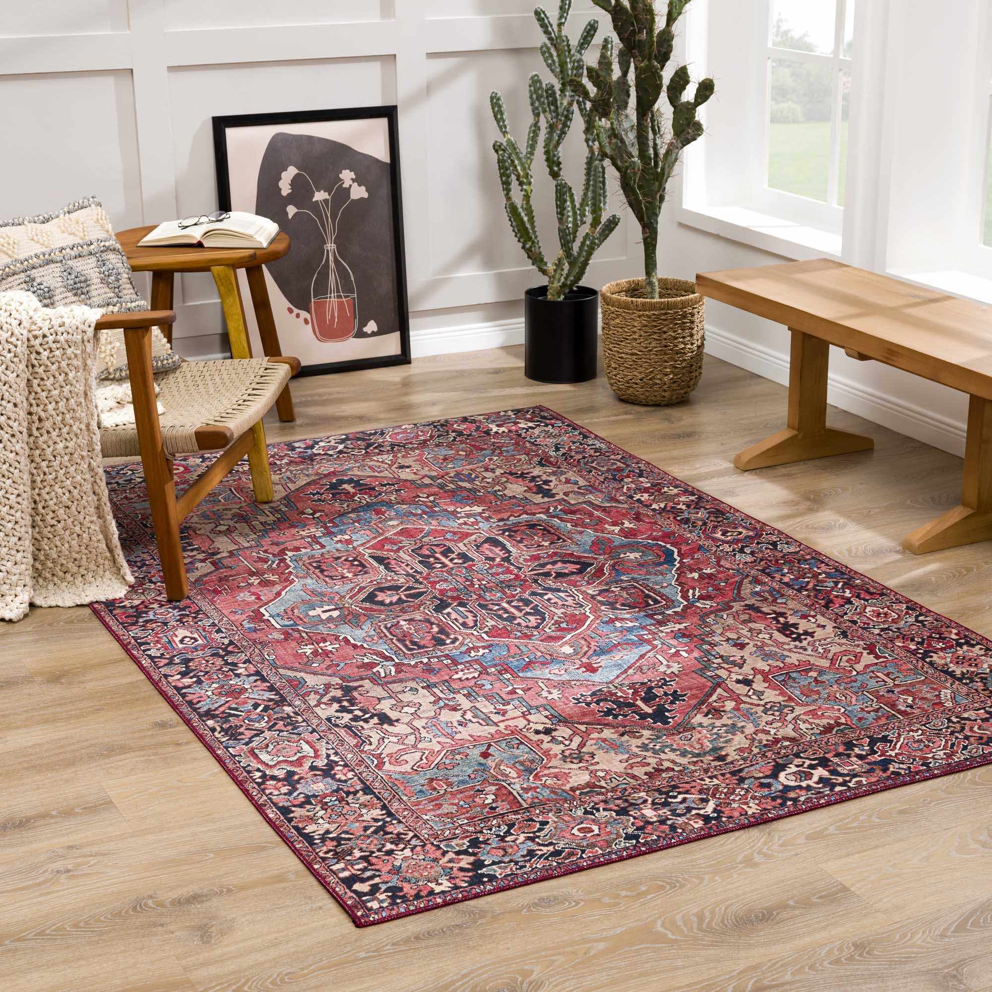 Rich Maroon, Tan and Blue Traditional Heriz Medallion Vintage Style Multi Size rug - Image 9