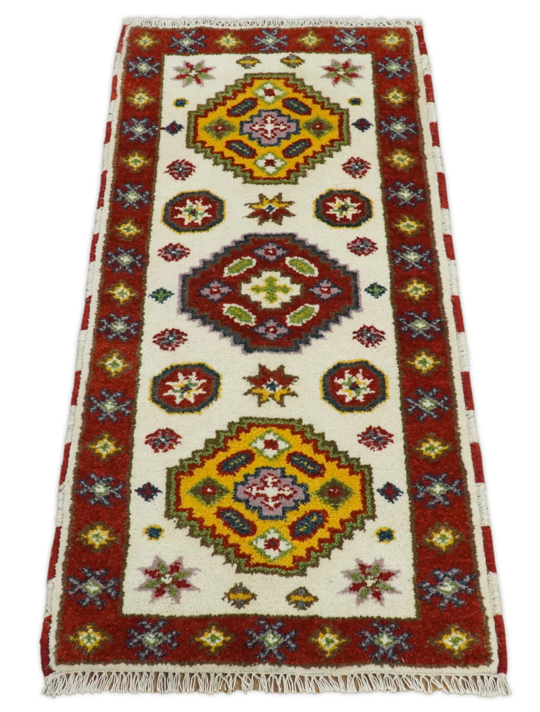 Runner 2x4 Ivory and Red Wool Hand Knotted traditional Persian Vintage Antique Southwestern Kazak | TRDCP29524 - Image 3