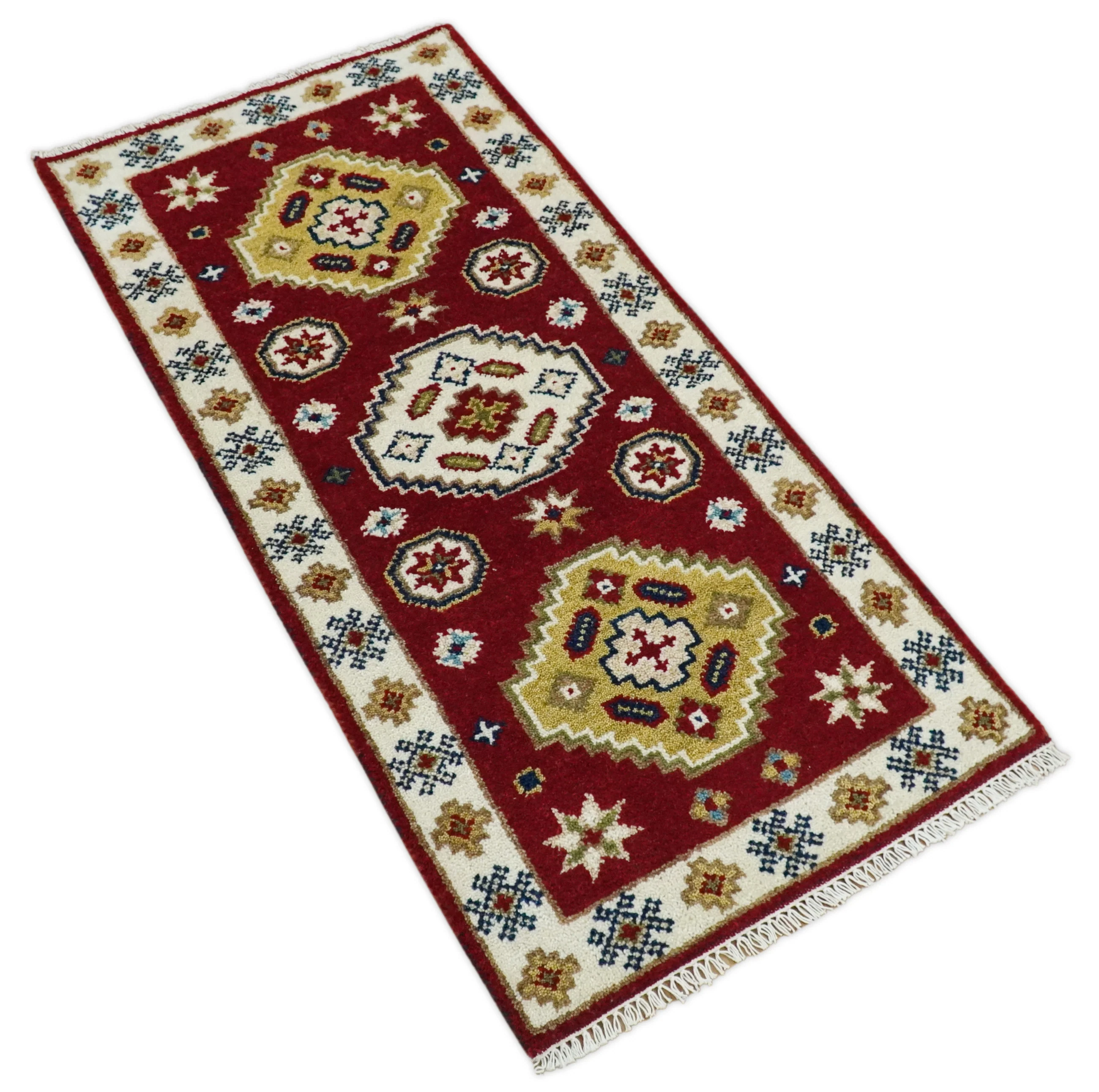 Runner 2x4 Red and Ivory Wool Hand Knotted traditional Persian Vintage Southwestern Kazak | TRDCP29824 - Image 3