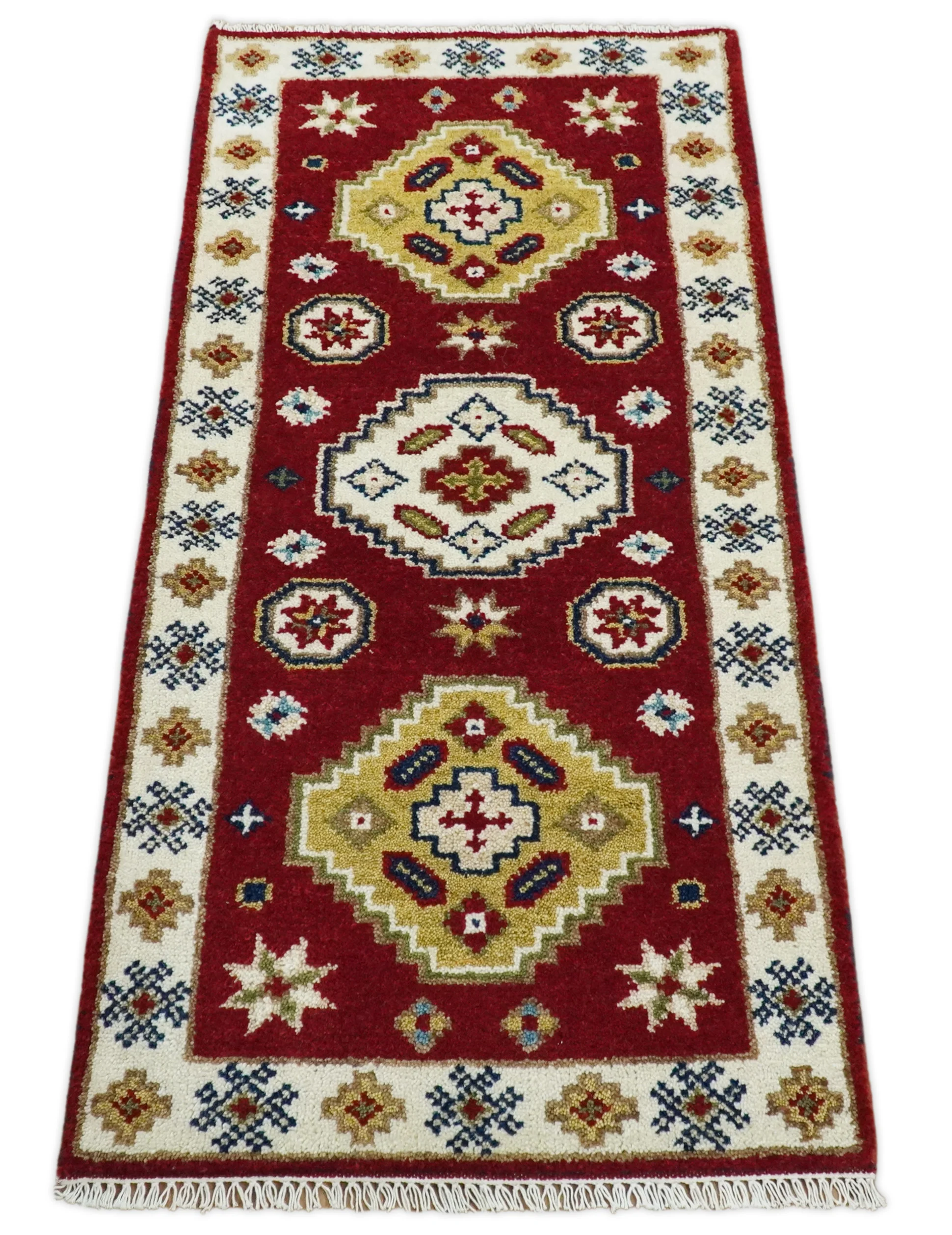 Runner 2x4 Red and Ivory Wool Hand Knotted traditional Persian Vintage Southwestern Kazak | TRDCP29824 - Image 4