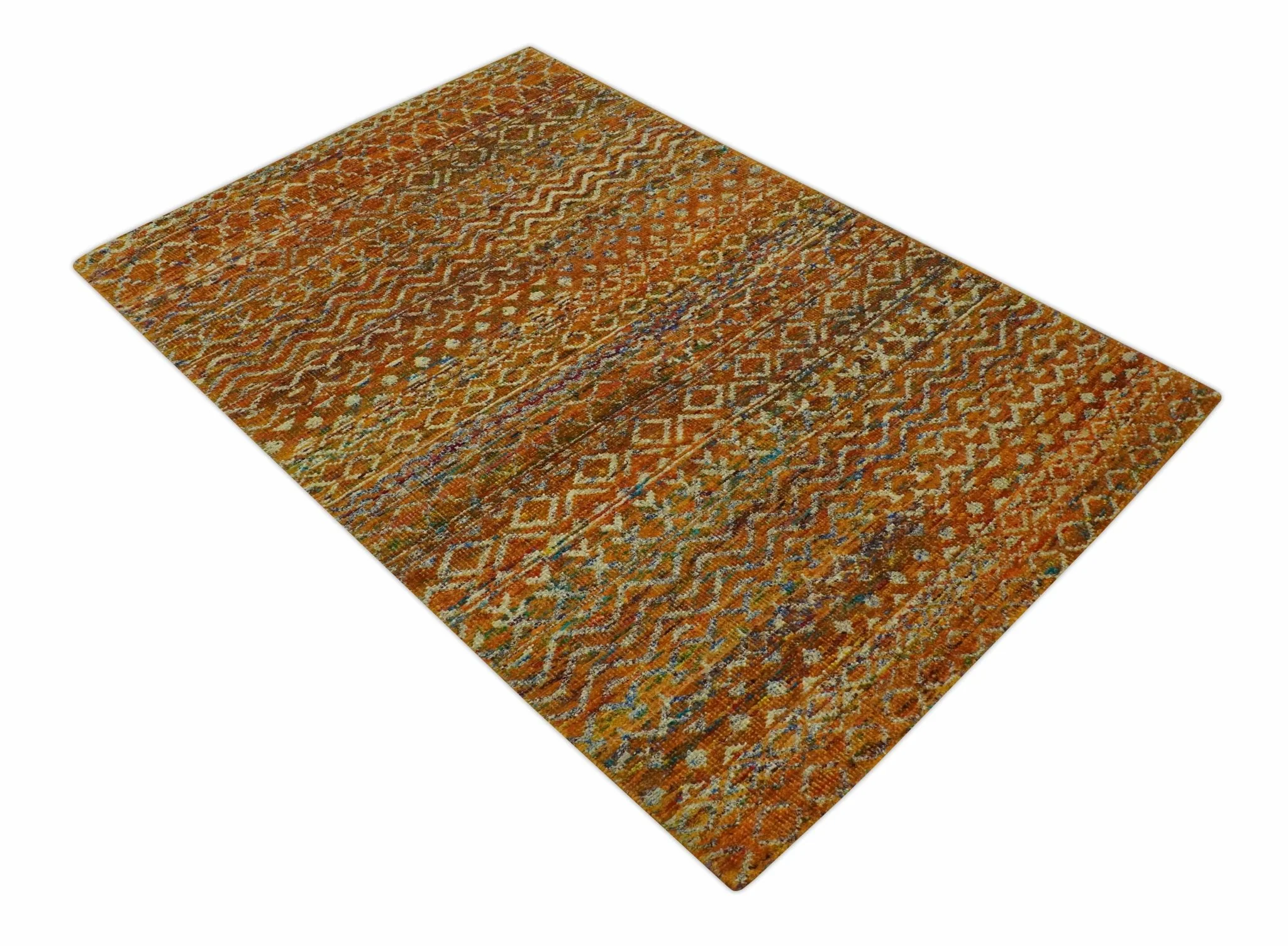 Rust and Beige 5.6x8.6 Contemporary Southwestern Tribal Trellis Recycled silk Rug - Image 9