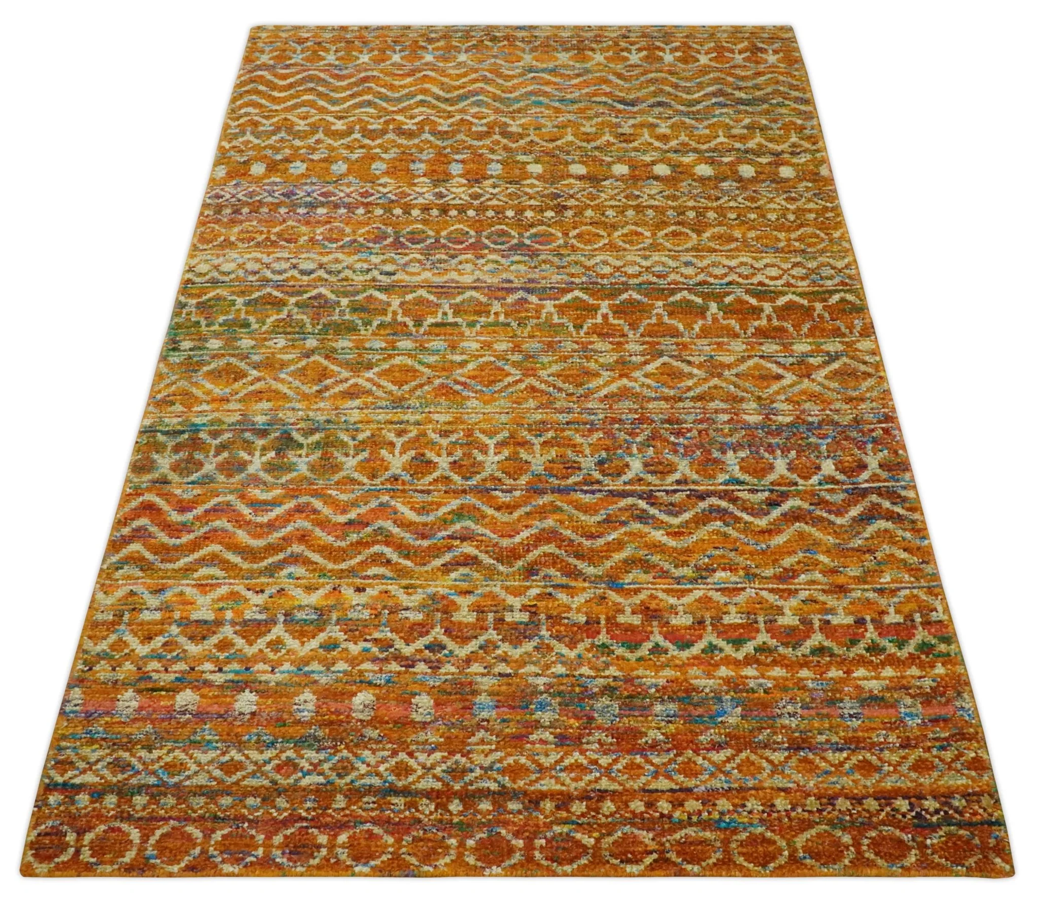 5.6x8.6 Hand Knotted Rust and Beige Modern Contemporary Southwestern Tribal Trellis Recycled wool Area Rug - Image 10