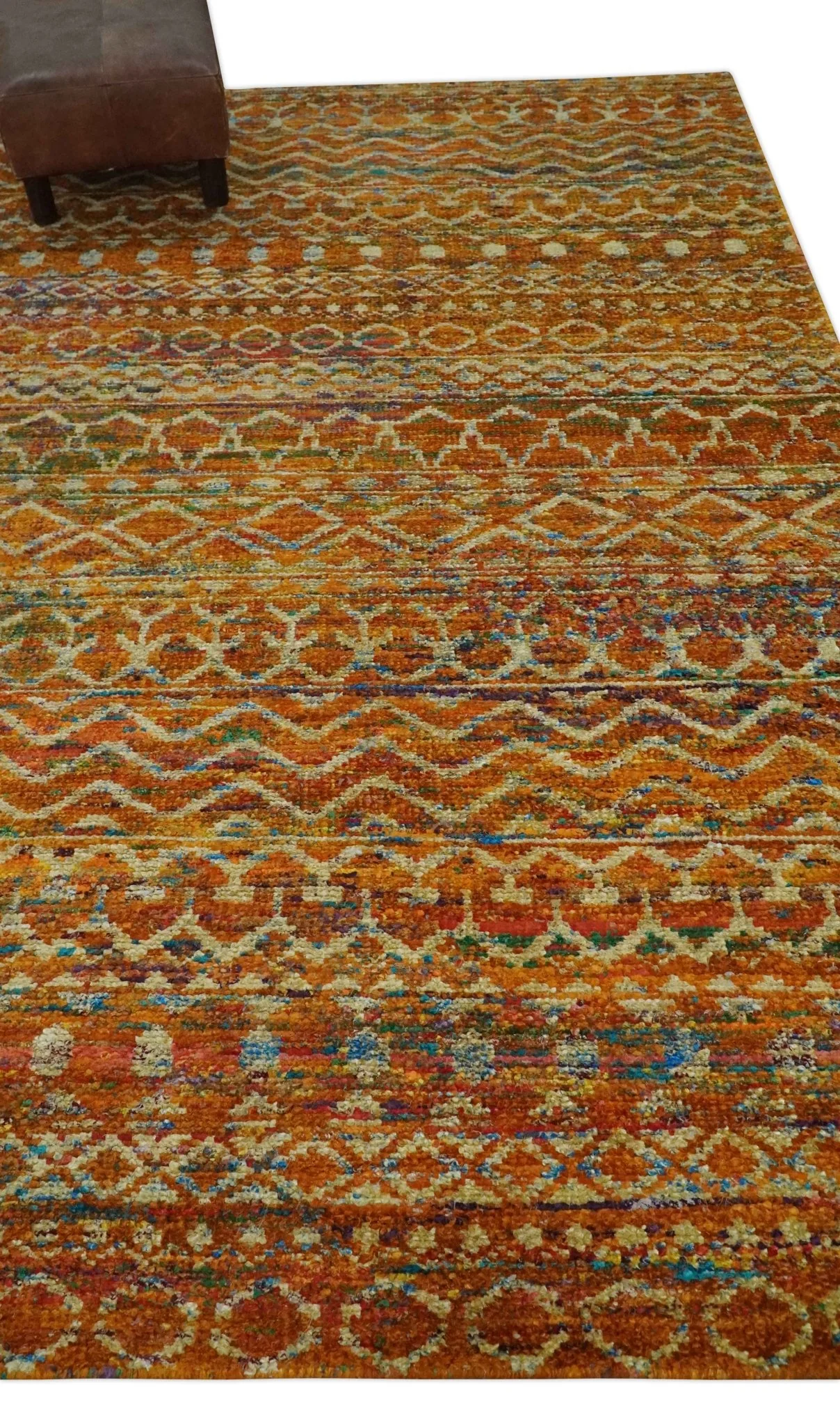 5.6x8.6 Hand Knotted Rust and Beige Modern Contemporary Southwestern Tribal Trellis Recycled wool Area Rug - Image 3