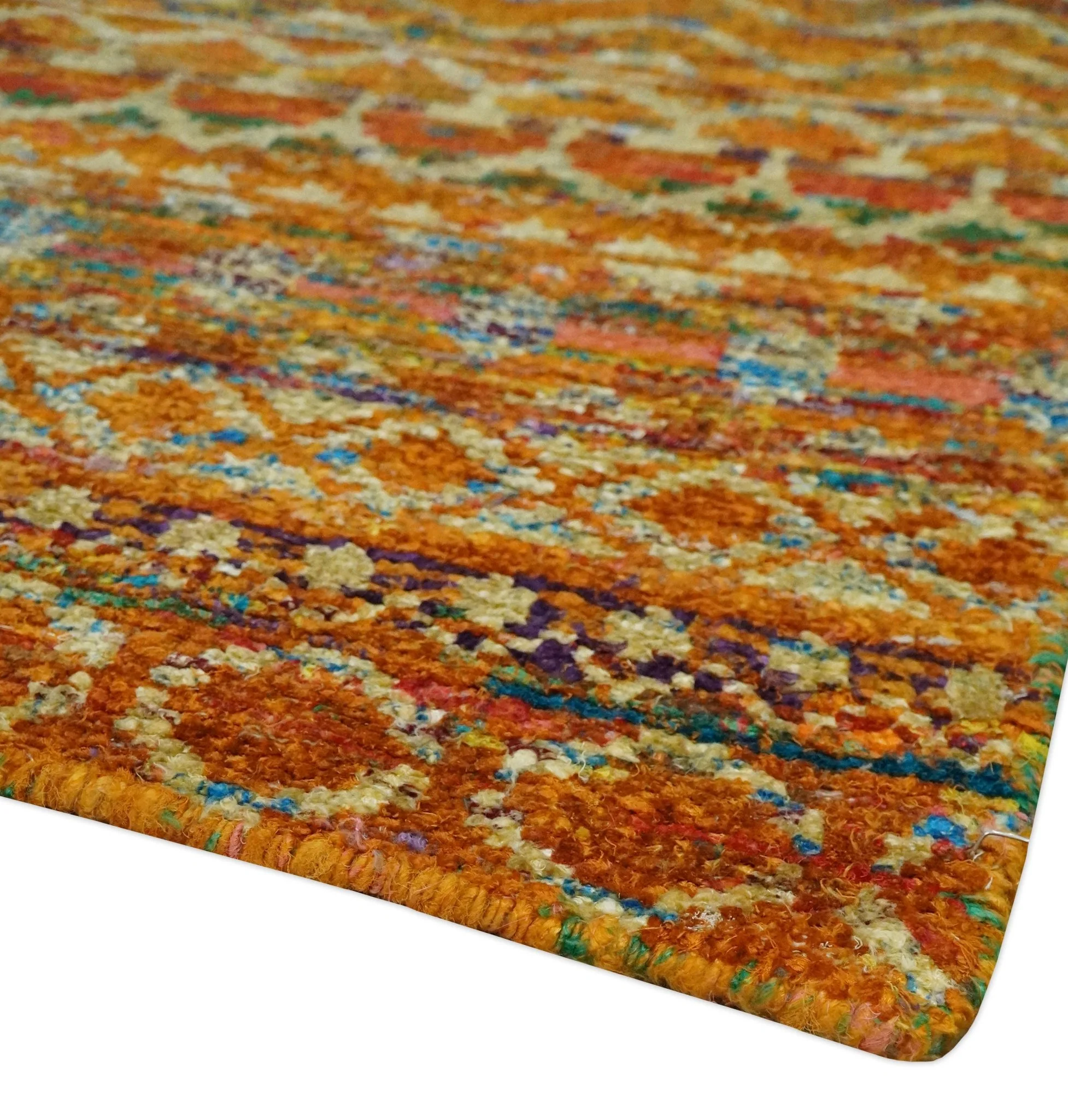 5.6x8.6 Hand Knotted Rust and Beige Modern Contemporary Southwestern Tribal Trellis Recycled wool Area Rug - Image 5