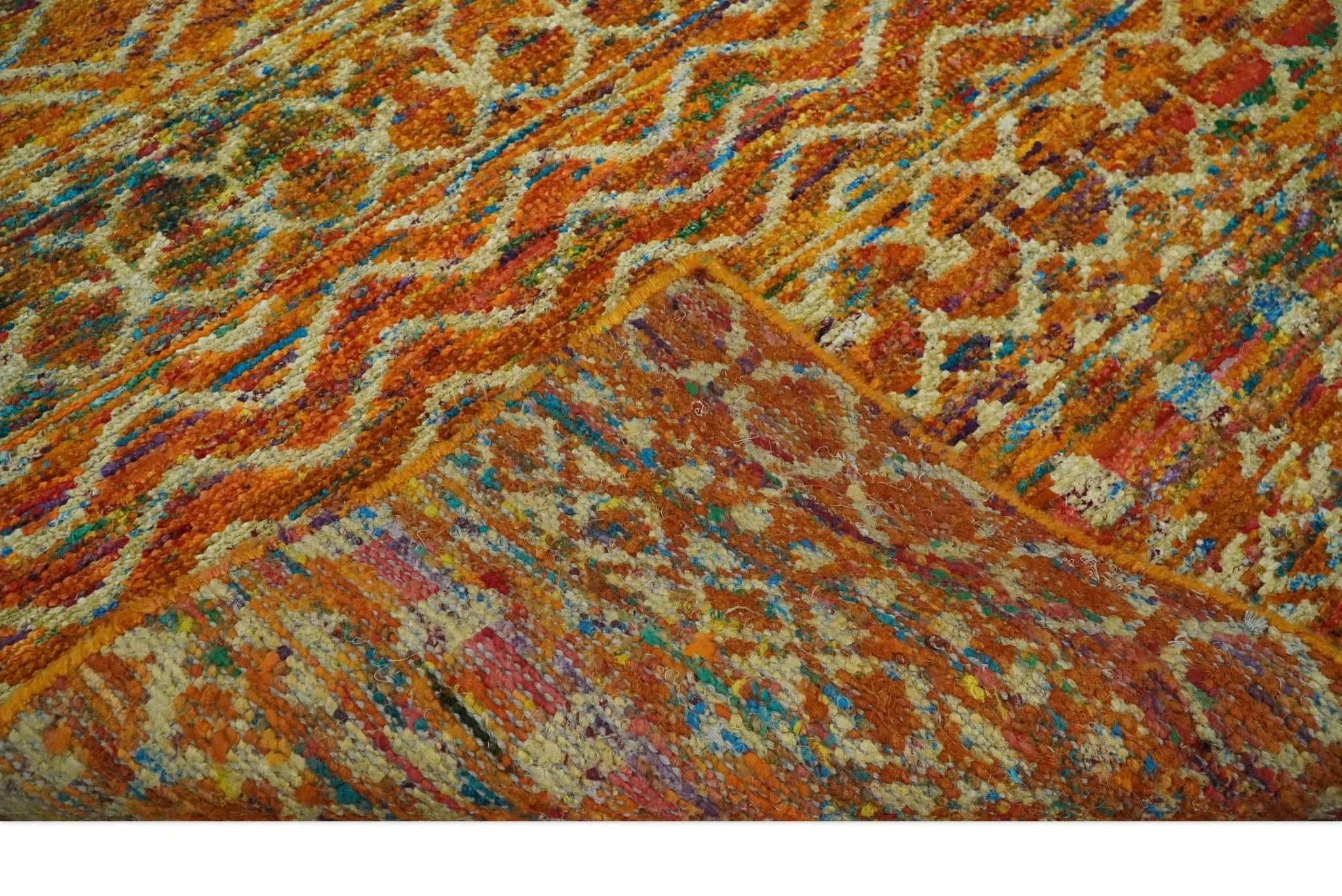 5.6x8.6 Hand Knotted Rust and Beige Modern Contemporary Southwestern Tribal Trellis Recycled wool Area Rug - Image 7
