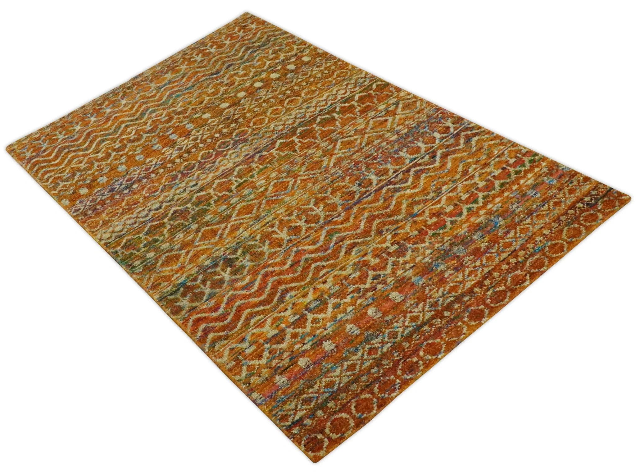 5.6x8.6 Hand Knotted Rust and Beige Modern Contemporary Southwestern Tribal Trellis Recycled wool Area Rug - Image 9