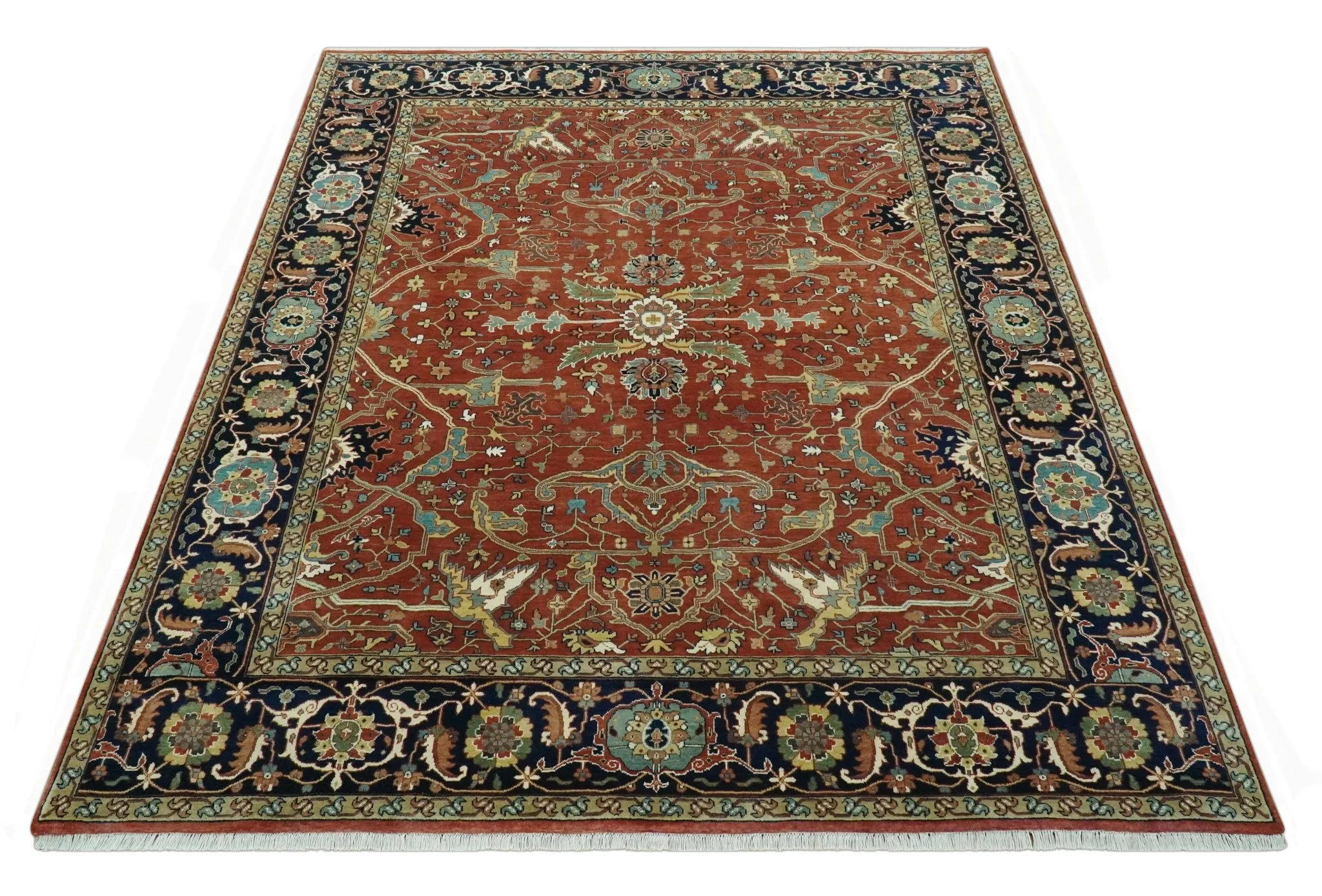 Premium Fine Rust and Blue 8x10 Hand Knotted Oriental wool area rug - Image 10