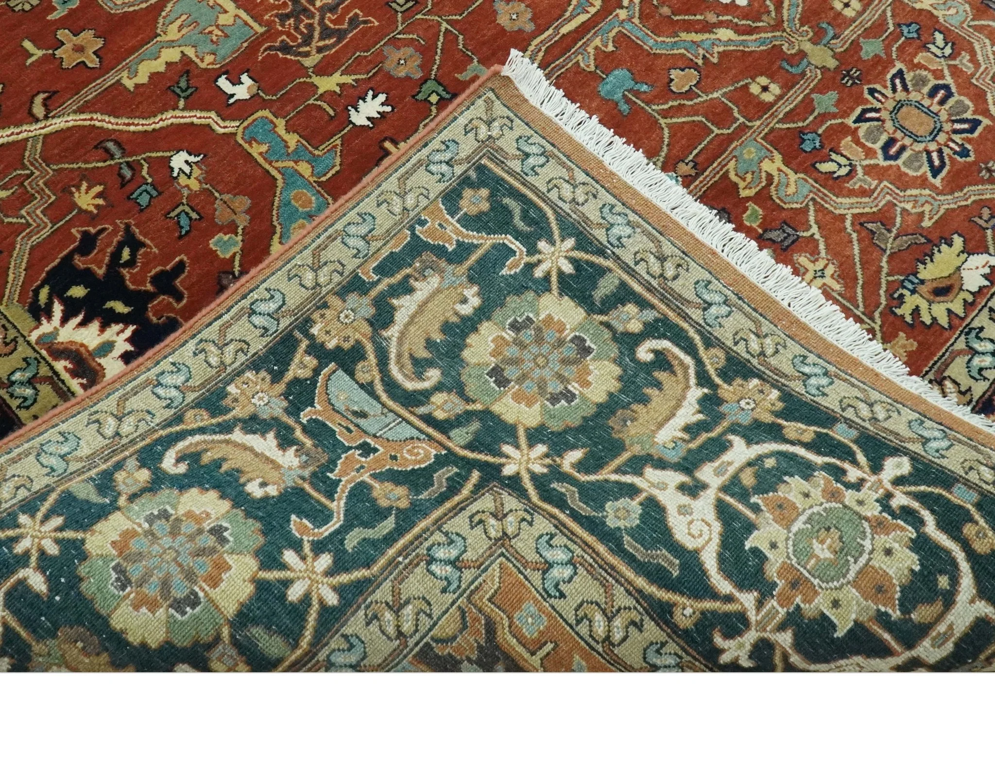 Premium Fine Rust and Blue 8x10 Hand Knotted Oriental wool area rug - Image 7