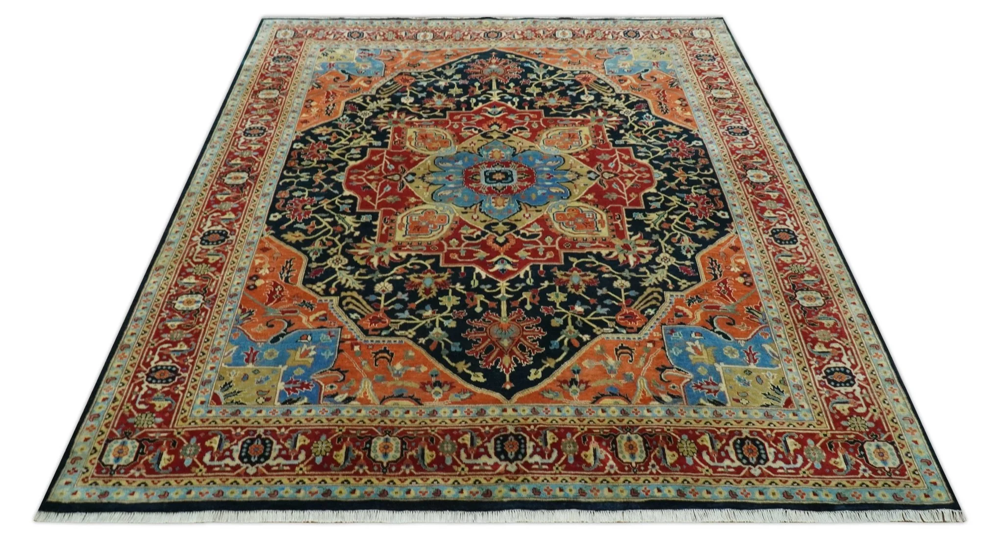 8x10 Rust and Blue Fine Hand Knotted Traditional Heriz Medallion wool area rug - Image 10