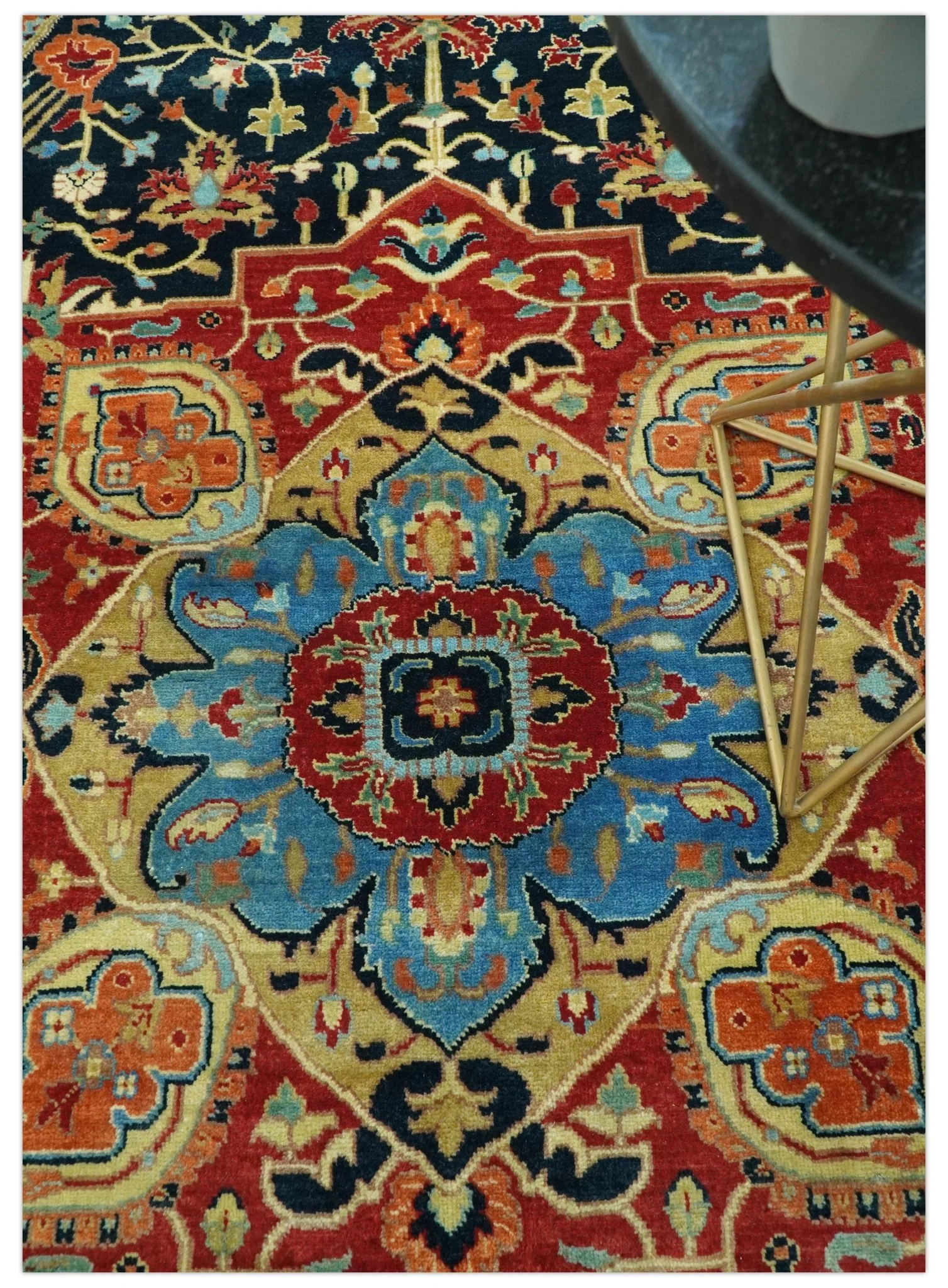 8x10 Rust and Blue Fine Hand Knotted Traditional Heriz Medallion wool area rug - Image 2