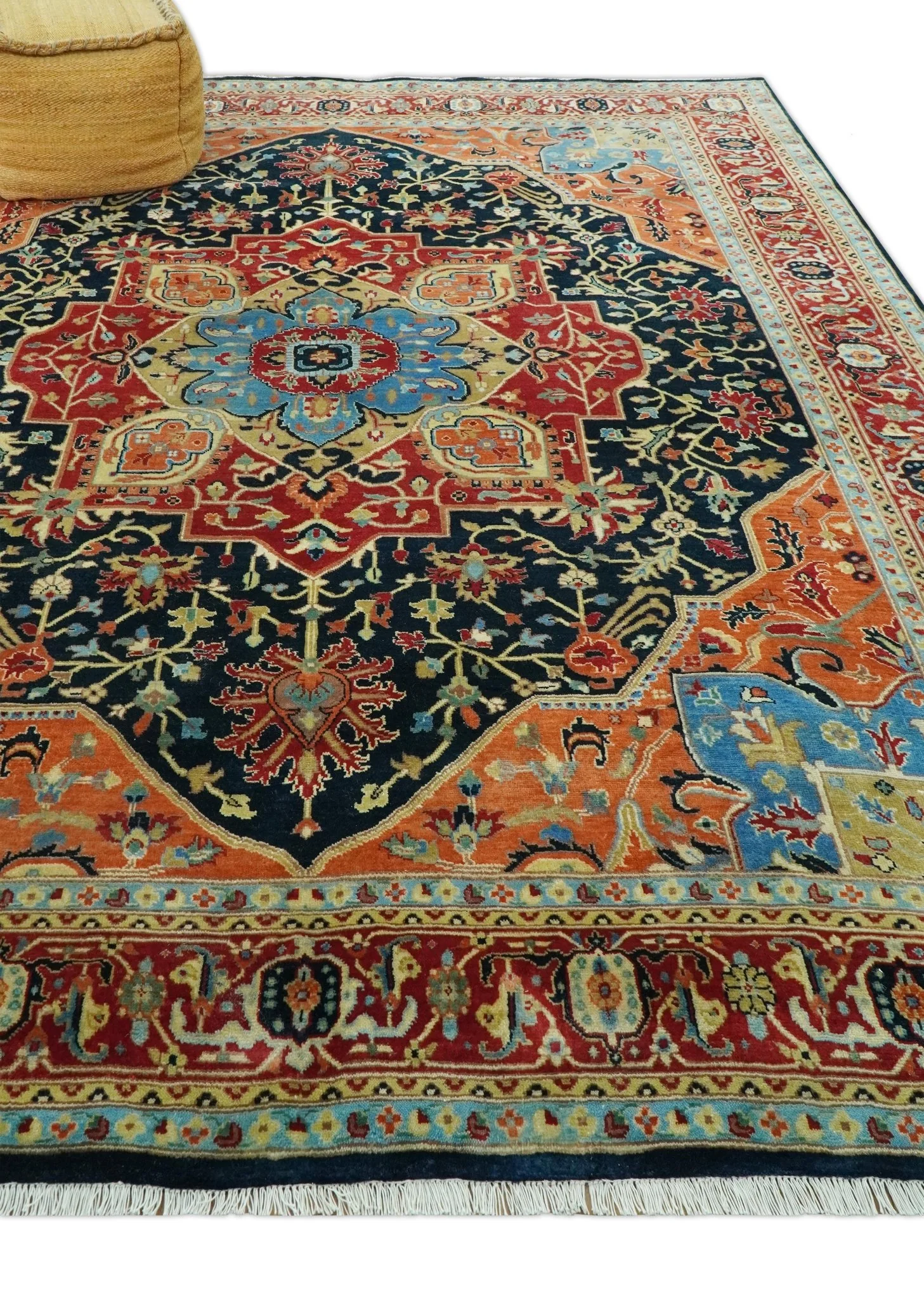 8x10 Rust and Blue Fine Hand Knotted Traditional Heriz Medallion wool area rug - Image 3
