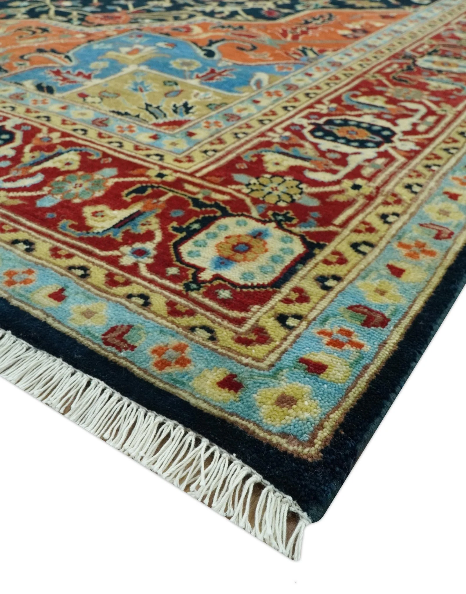 8x10 Rust and Blue Fine Hand Knotted Traditional Heriz Medallion wool area rug - Image 5