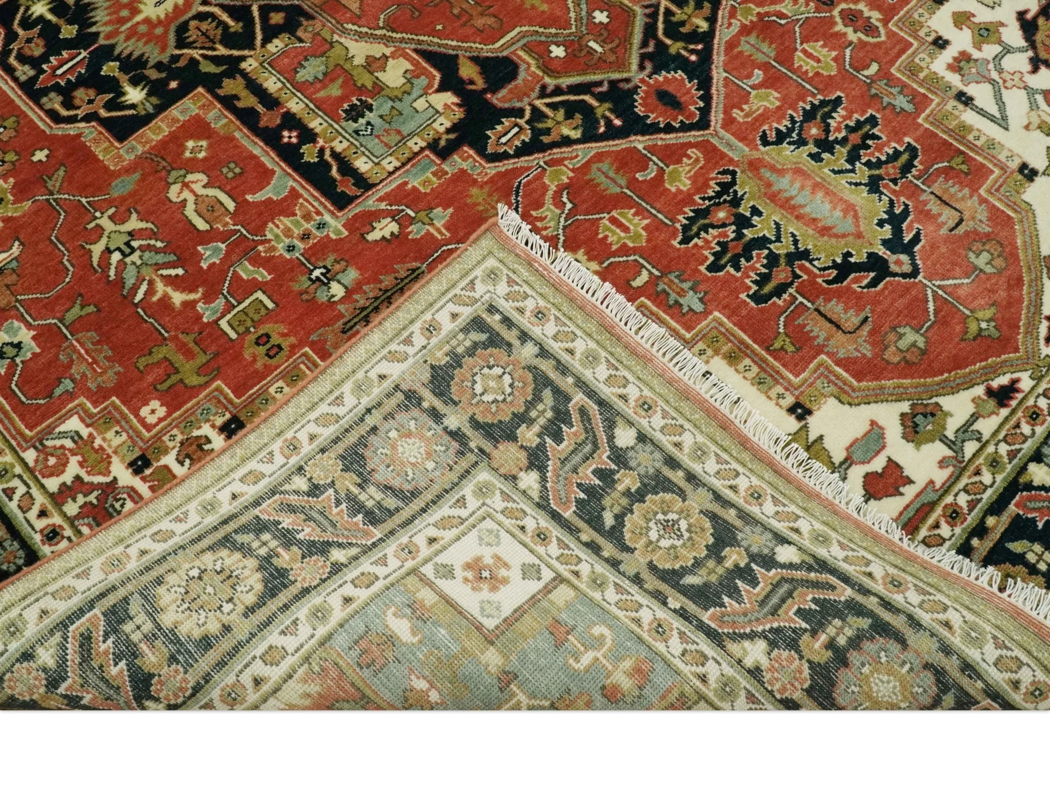 8x10 Rust and Blue Fine Hand Knotted Traditional Heriz Medallion wool area rug - Image 7