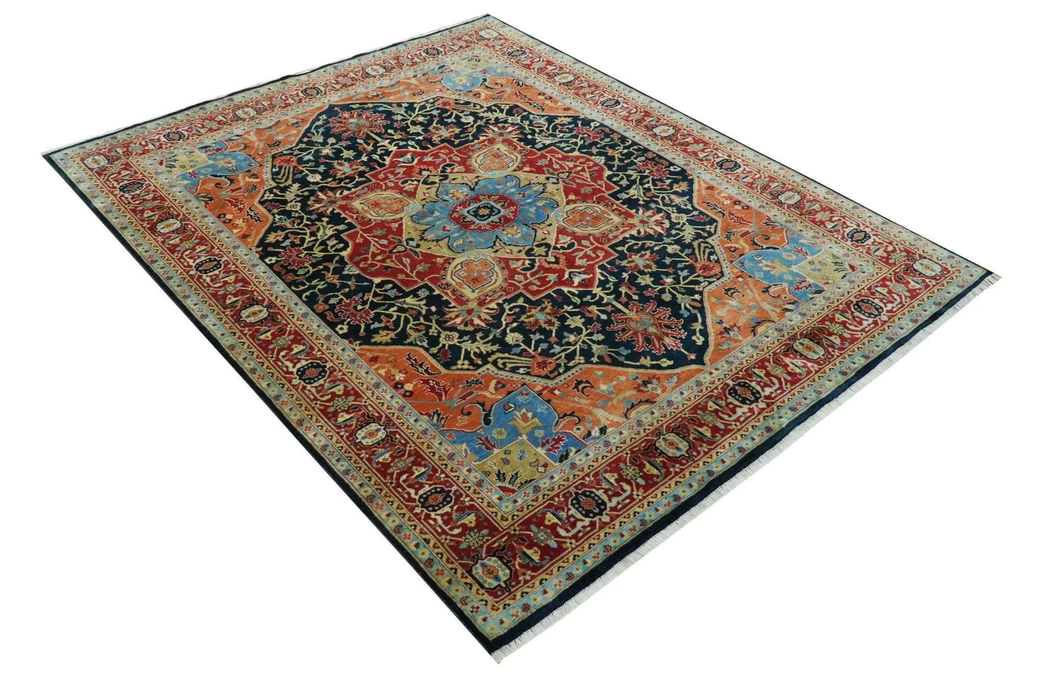 8x10 Rust and Blue Fine Hand Knotted Traditional Heriz Medallion wool area rug - Image 9