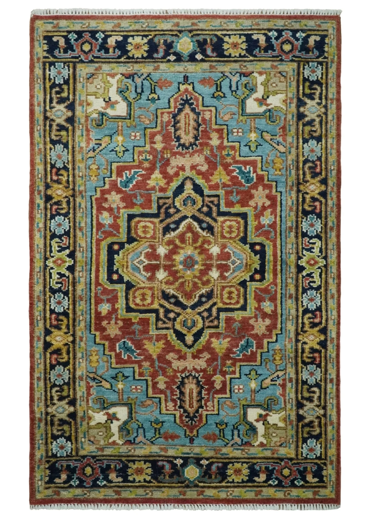 Custom Made Rust and Blue Traditional Medallion Hand Knotted Wool Area Rug - Image 11