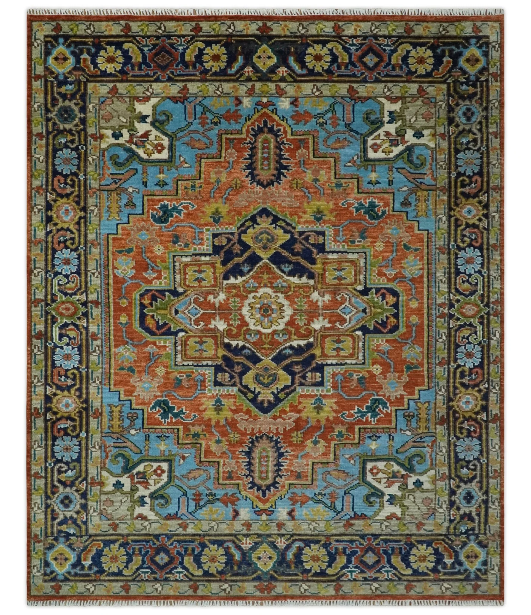 Custom Made Rust and Blue Traditional Medallion Hand Knotted Wool Area Rug - Image 12