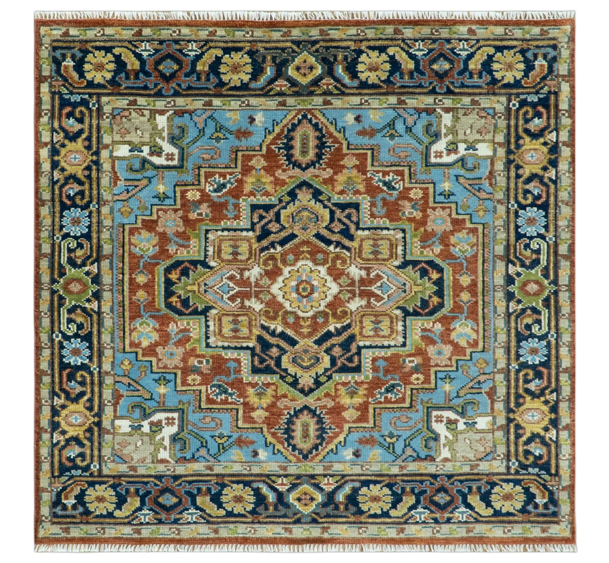 Custom Made Rust and Blue Traditional Medallion Hand Knotted Wool Area Rug - Image 13
