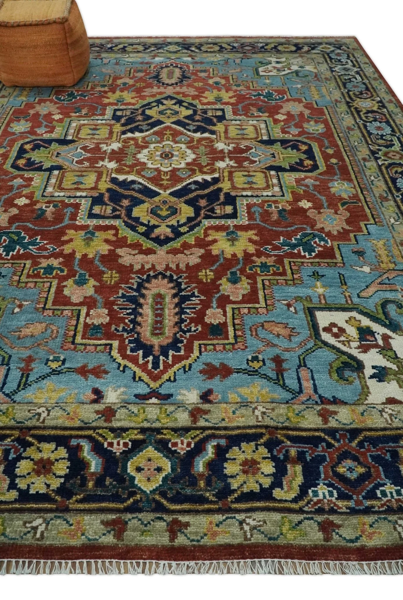 Custom Made Rust and Blue Traditional Medallion Hand Knotted Wool Area Rug - Image 3