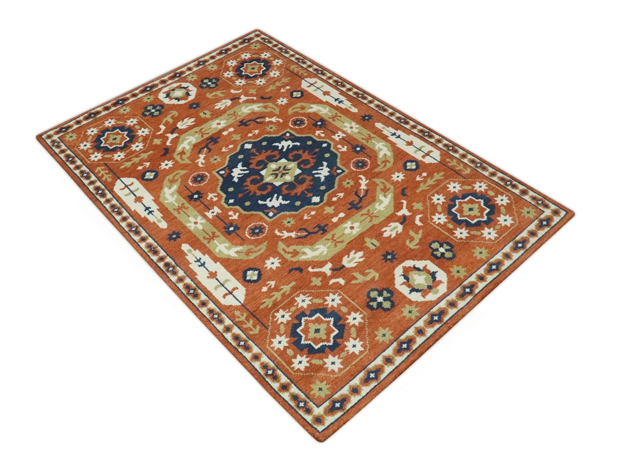 Rust and Blue Hand Knotted Traditional Medallion Mamluk Design Multi Size wool Rug - Image 10