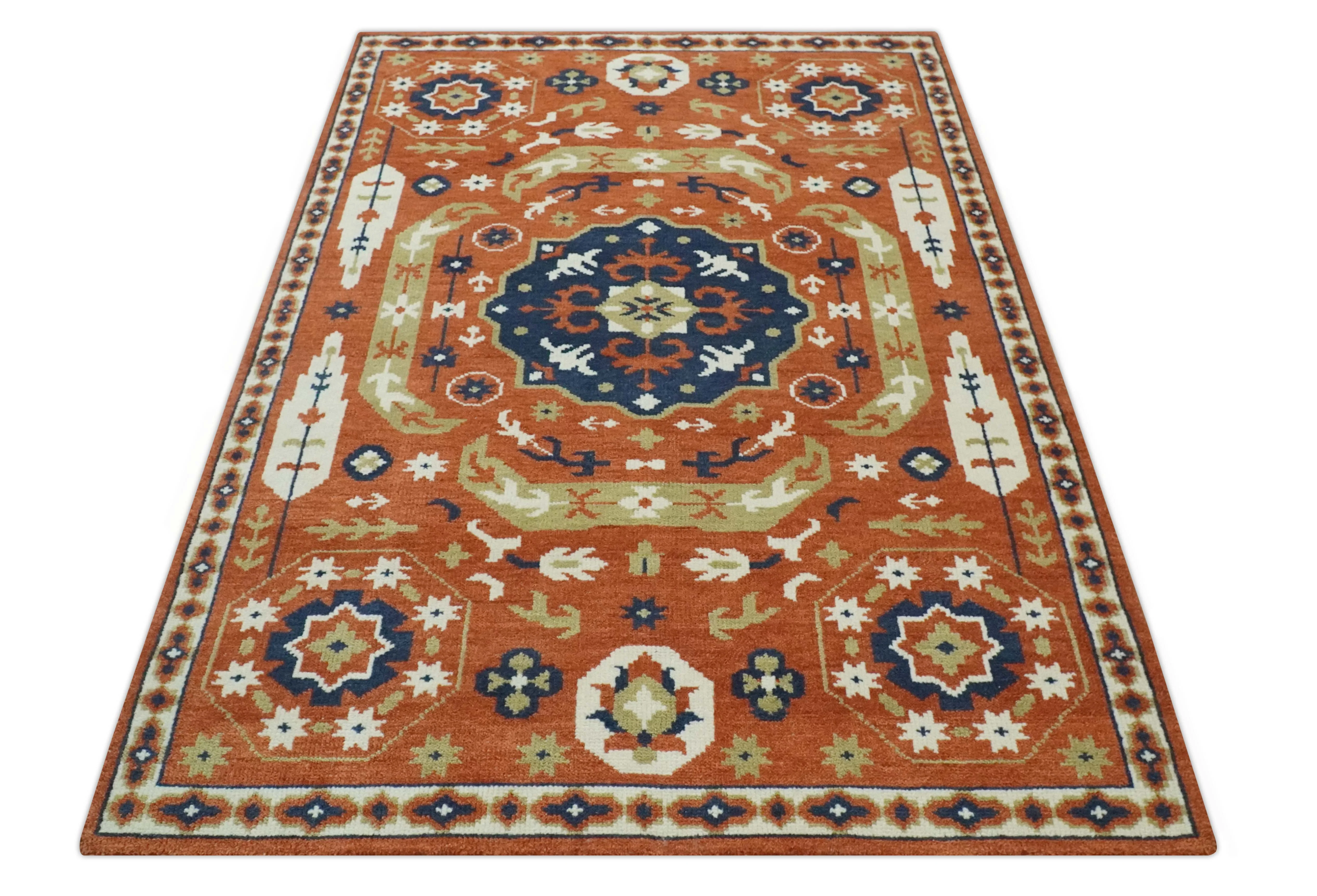 Rust and Blue Hand Knotted Traditional Medallion Mamluk Design Multi Size wool Rug - Image 11