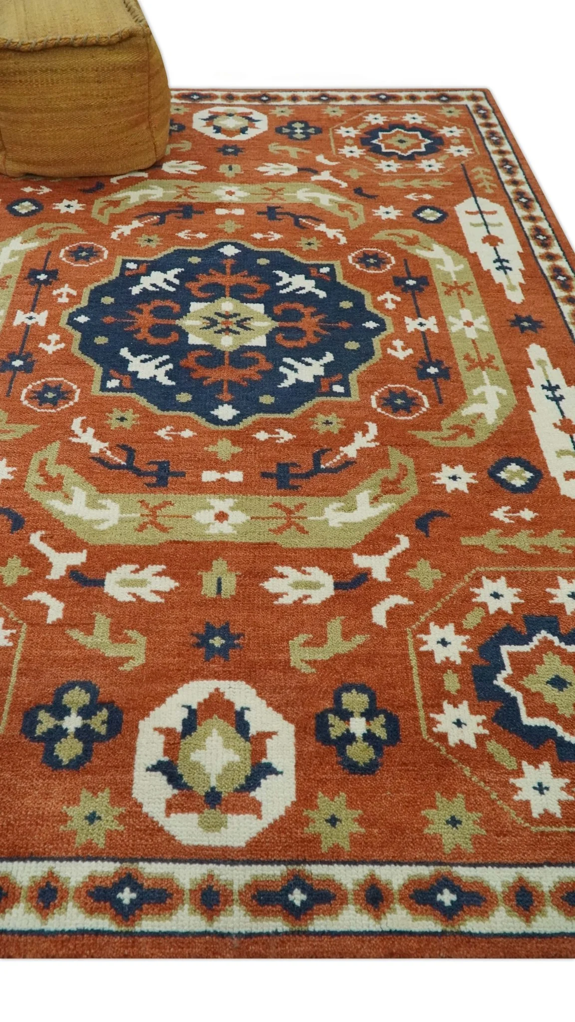 Rust and Blue Hand Knotted Traditional Medallion Mamluk Design Multi Size wool Rug - Image 4