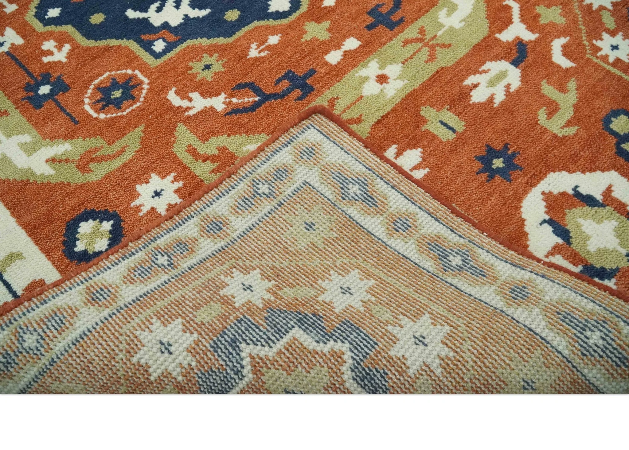 Rust and Blue Hand Knotted Traditional Medallion Mamluk Design Multi Size wool Rug - Image 8