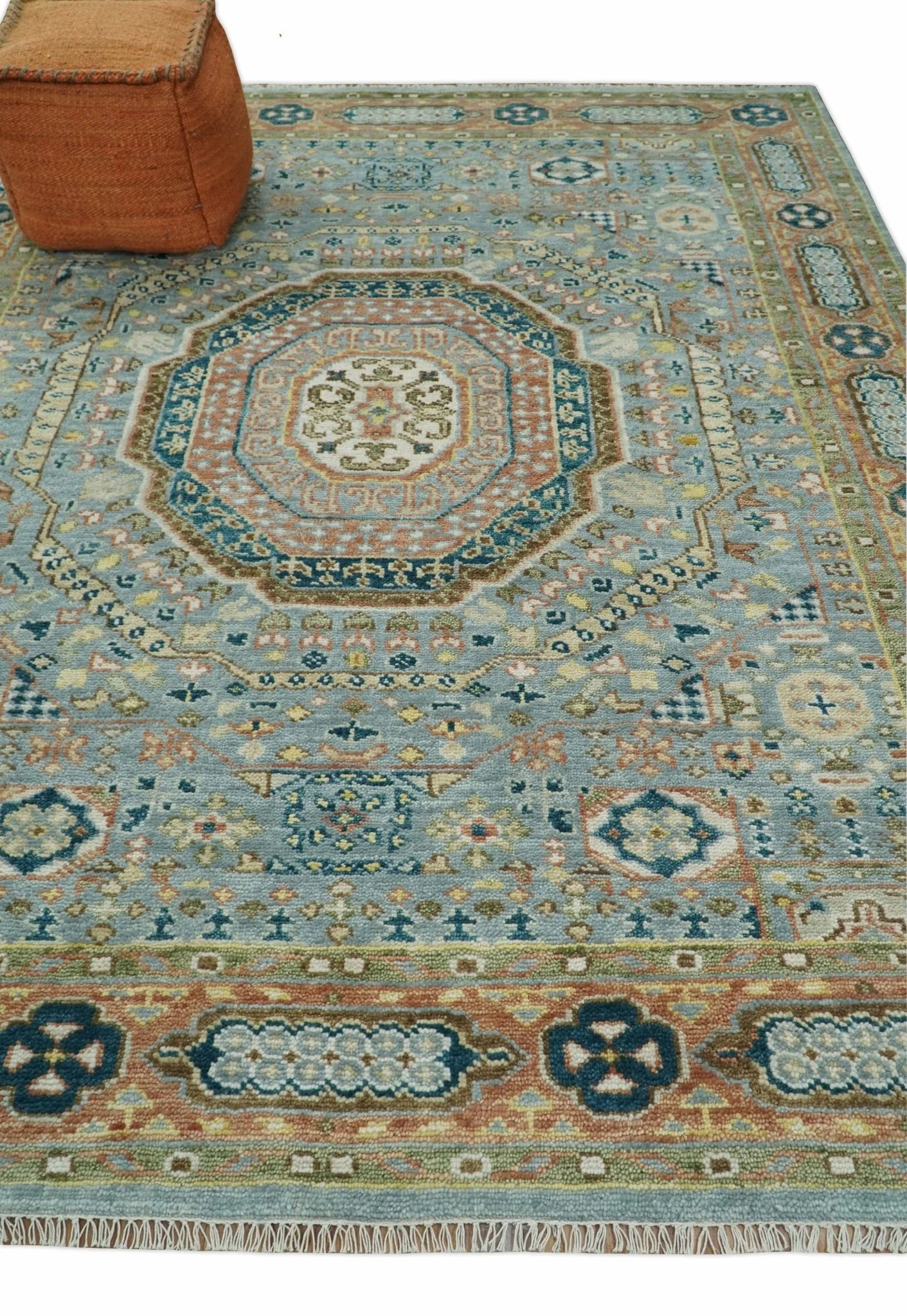 Rust and Blue Mamluk Rug 8x10, 9x12, 10x14 Hand Knotted Antique Style - Image 3