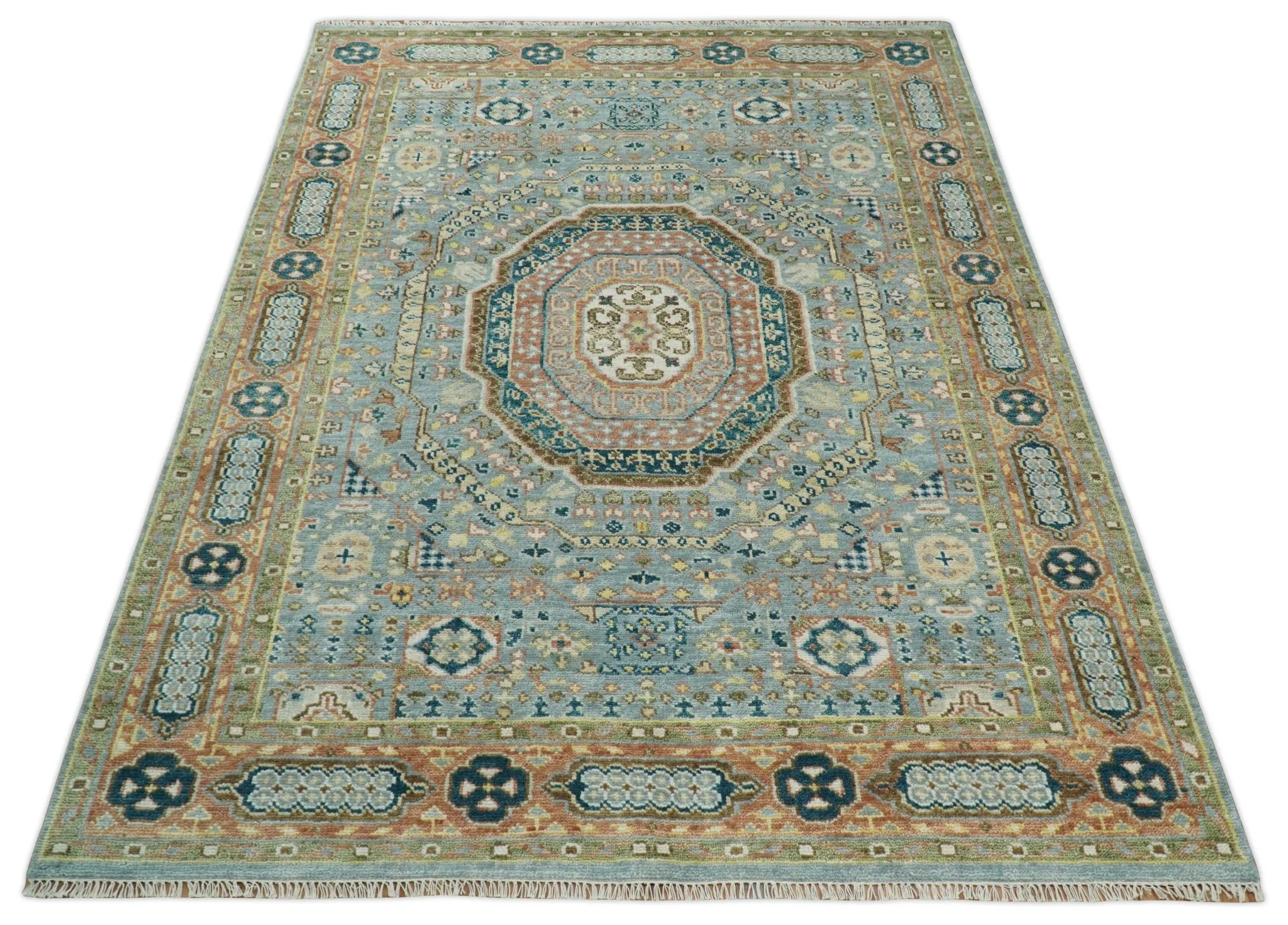 Rust and Blue Mamluk Rug 8x10, 9x12, 10x14 Hand Knotted Antique Style - Image 9