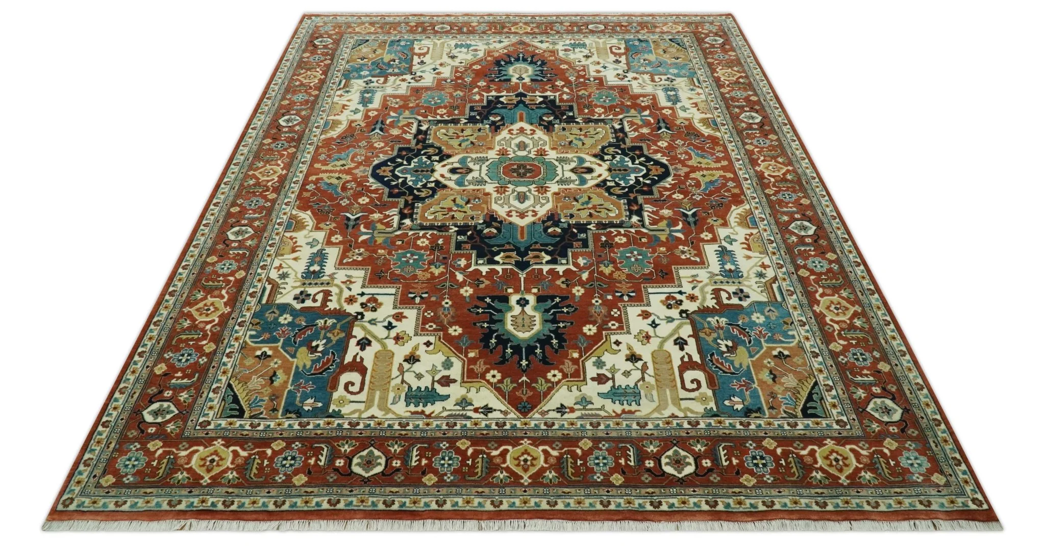 9x12 Rust and Ivory Fine Hand Knotted Traditional Heriz wool area rug - Image 5