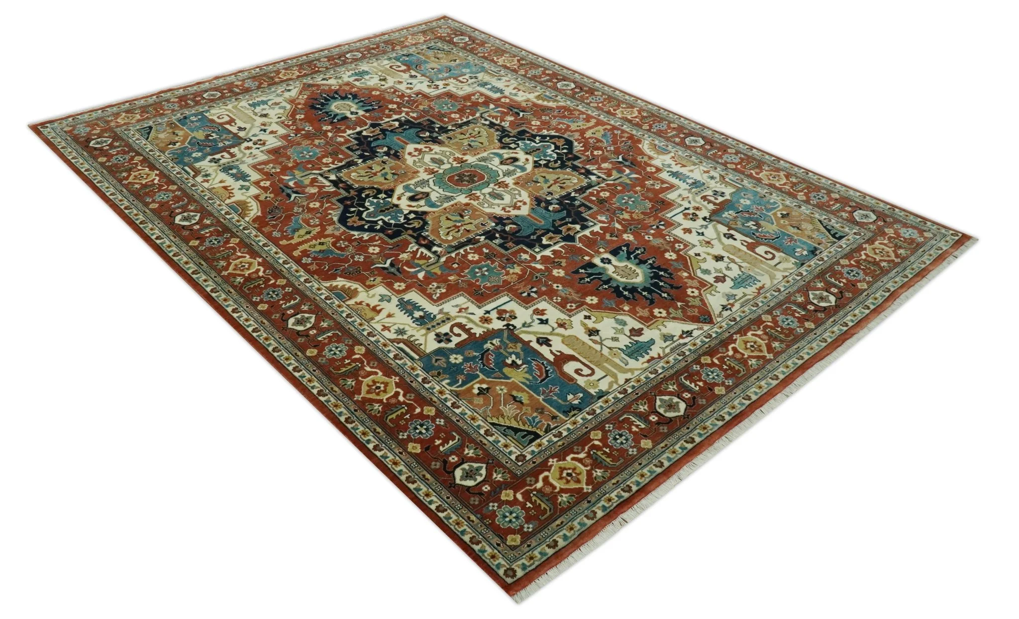 9x12 Rust and Ivory Fine Hand Knotted Traditional Heriz wool area rug - Image 6