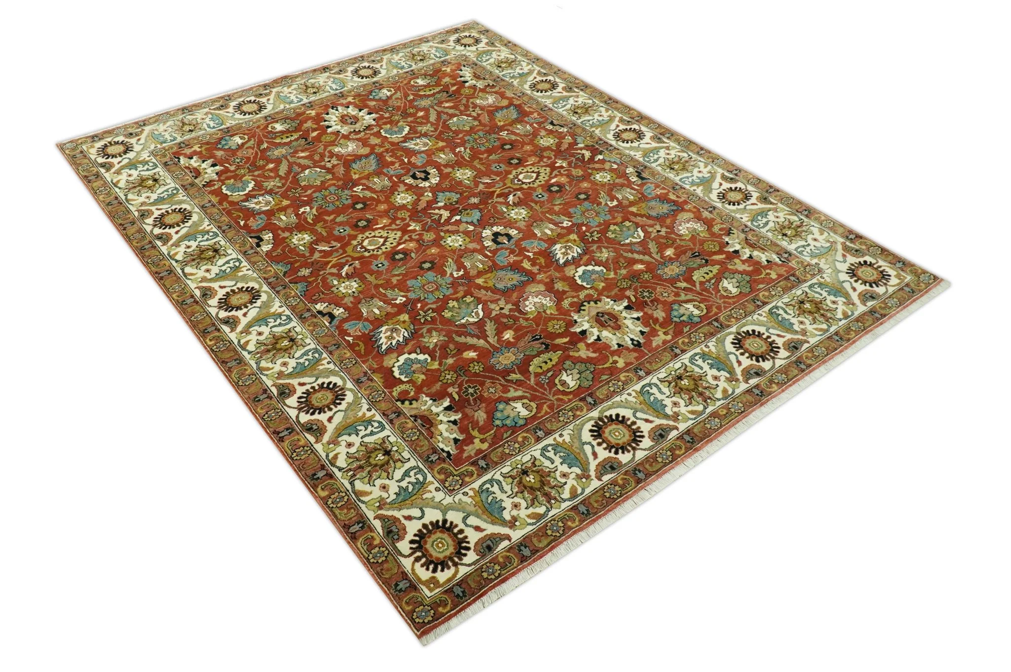 Premium look Rust and Ivory Traditional Floral Fine Hand knotted 8x10 wool area rug - Image 9