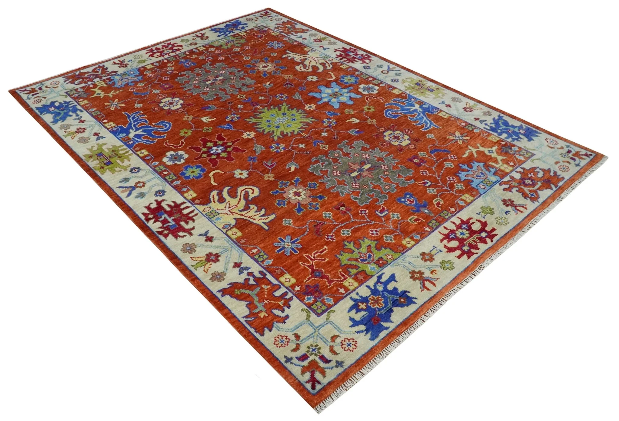 Red and Ivory Vibrant colorful Hand knotted Traditional Oushak 9x12 Wool Area Rug - Image 10