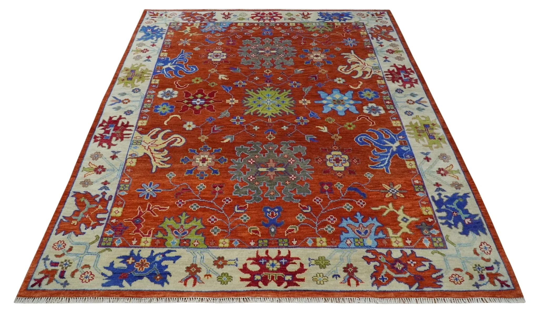 Red and Ivory Vibrant colorful Hand knotted Traditional Oushak 9x12 Wool Area Rug - Image 9