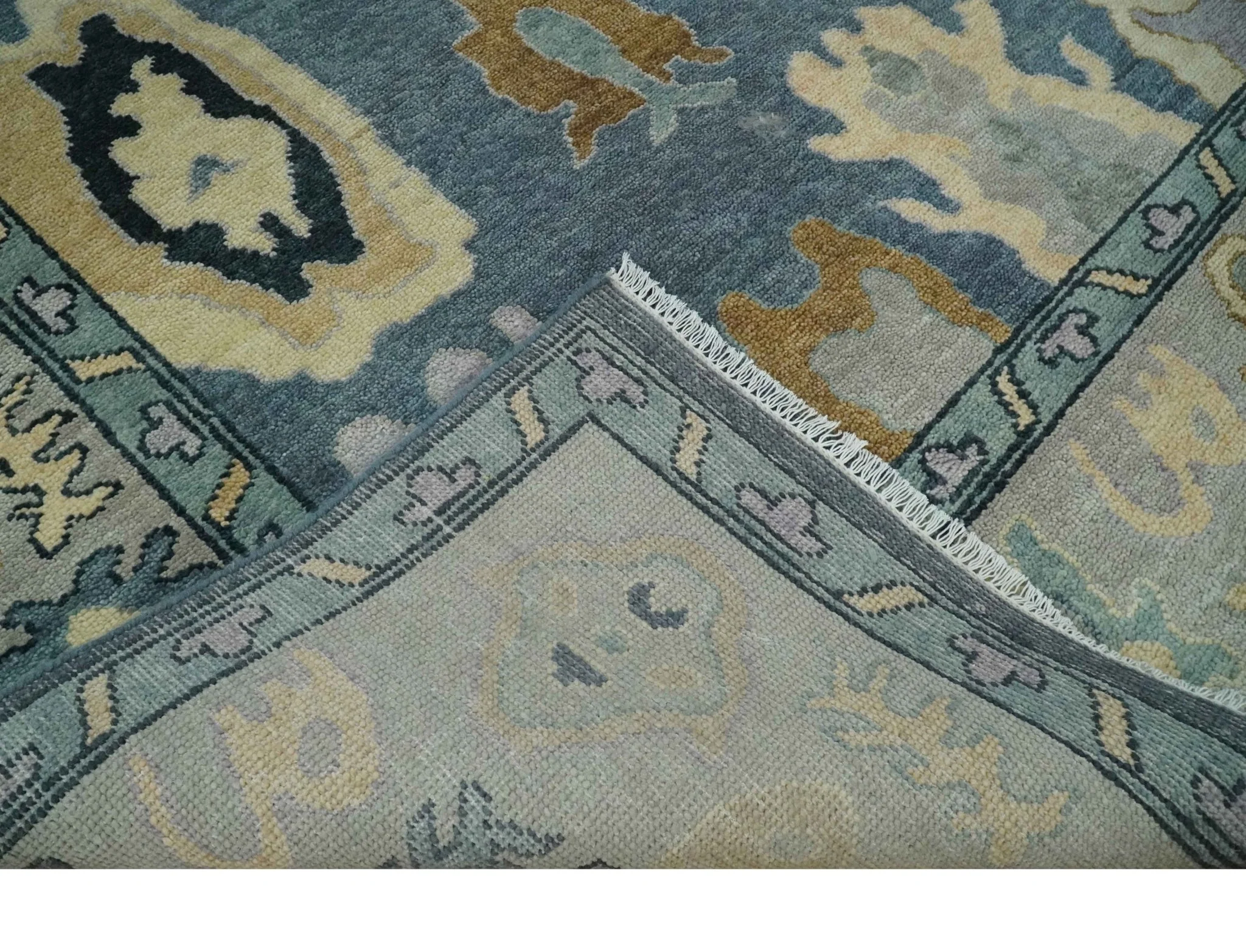 Blue, Silver and Beige Hand knotted Traditional Oushak Multi Size Wool Area Rug - Image 7
