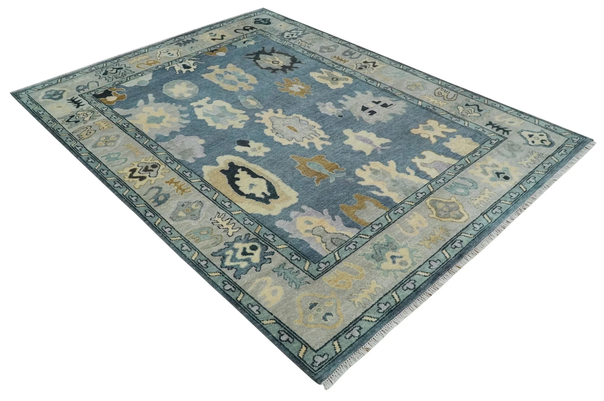 Blue, Silver and Beige Hand knotted Traditional Oushak Multi Size Wool Area Rug - Image 9