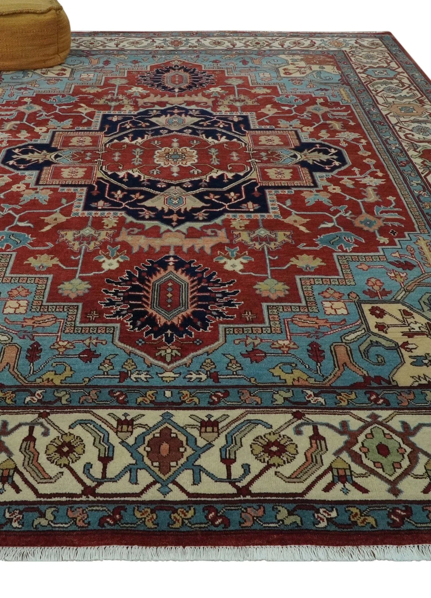 Antique look Rust, Aqua and Ivory Traditional Heriz 9x12 Hand Knotted wool area rug - Image 3