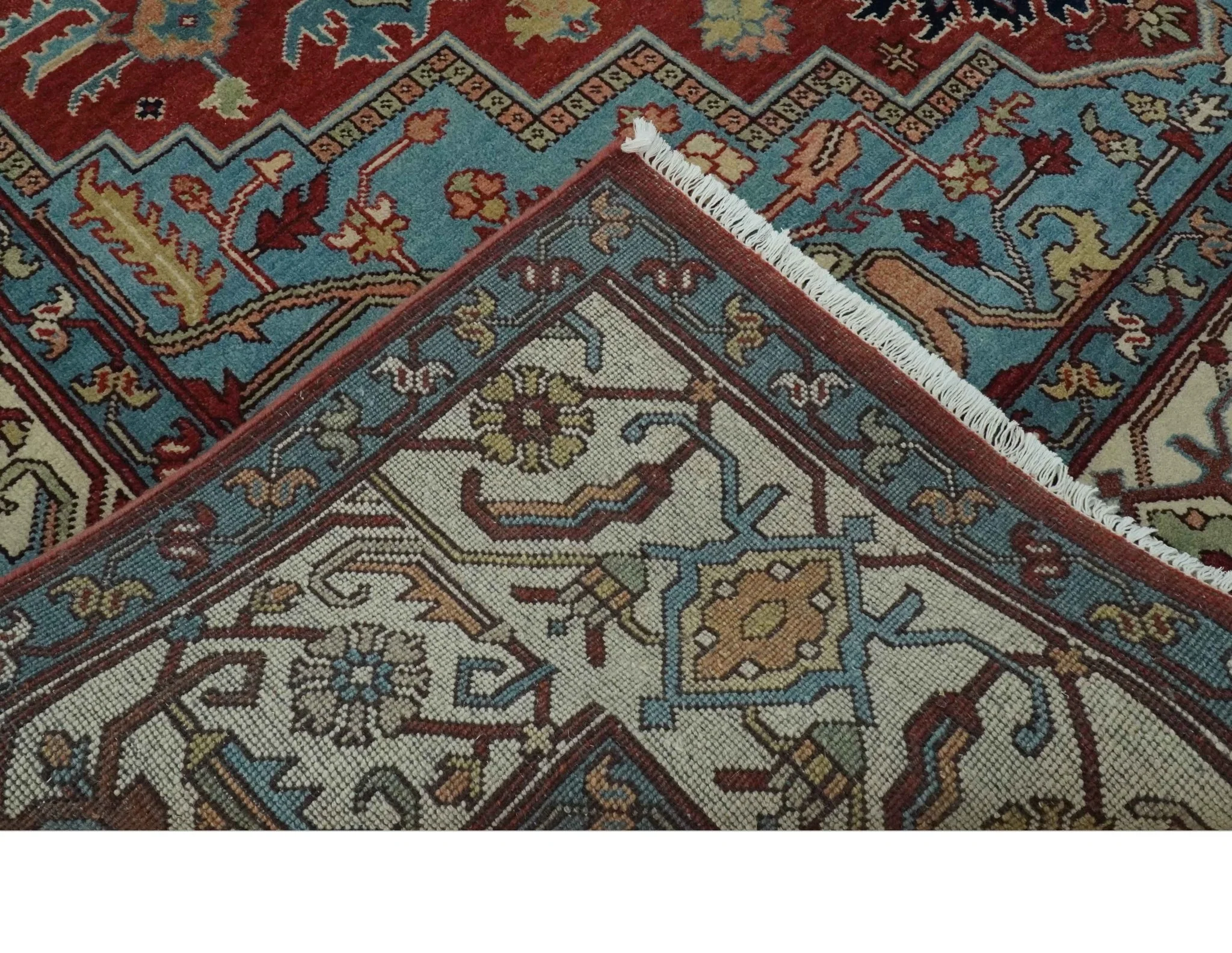 Antique look Rust, Aqua and Ivory Traditional Heriz 9x12 Hand Knotted wool area rug - Image 7