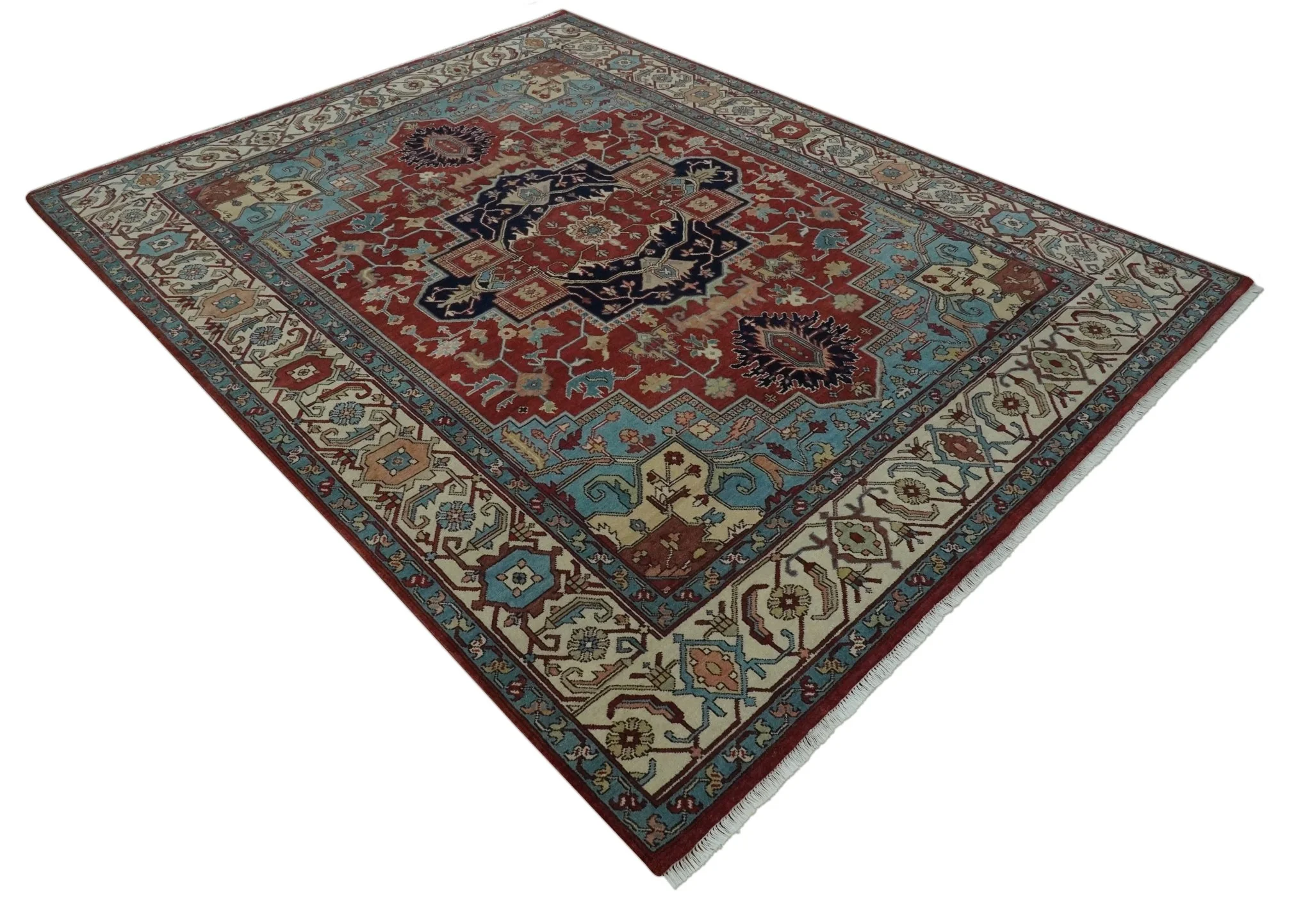 Antique look Rust, Aqua and Ivory Traditional Heriz 9x12 Hand Knotted wool area rug - Image 8