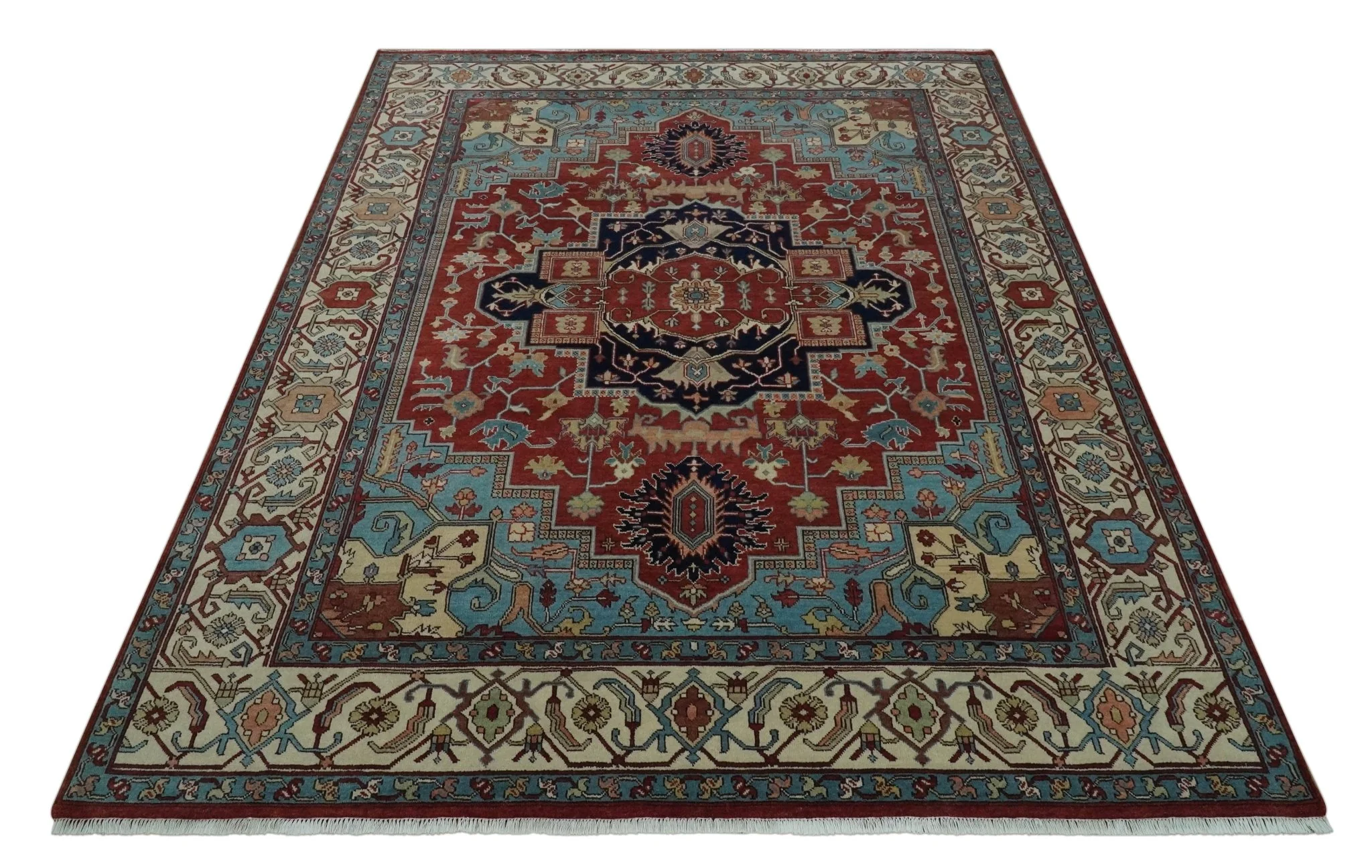 Antique look Rust, Aqua and Ivory Traditional Heriz 9x12 Hand Knotted wool area rug - Image 9