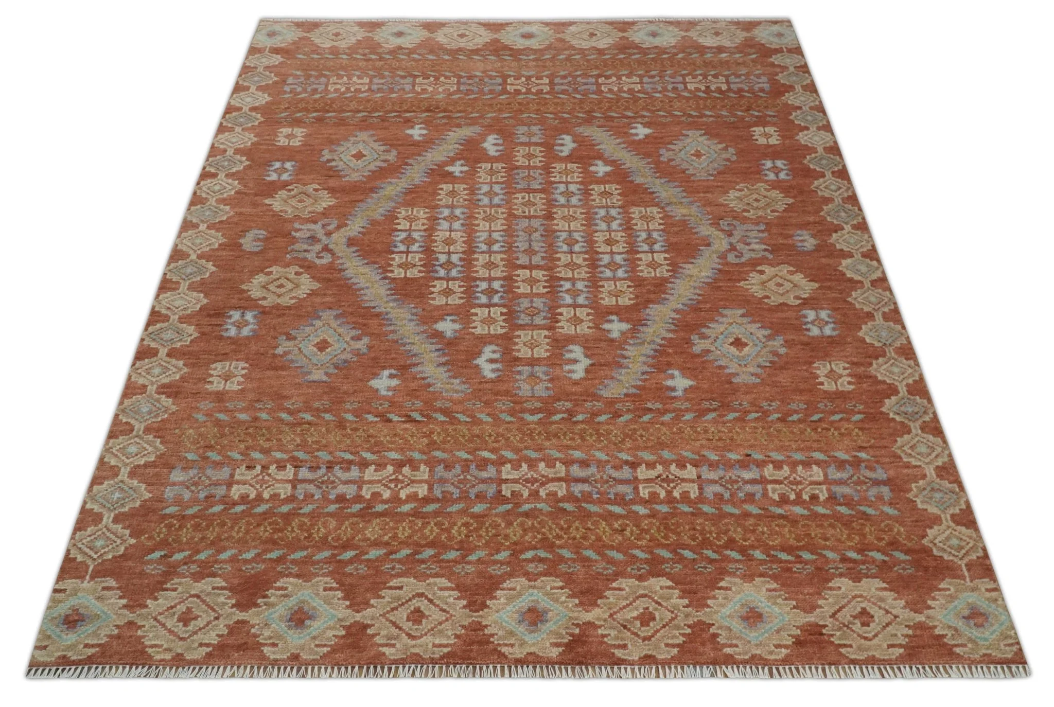 Rust, Beige and Blue Hand knotted Traditional Multi Size Oriental wool Area Rug - Image 10
