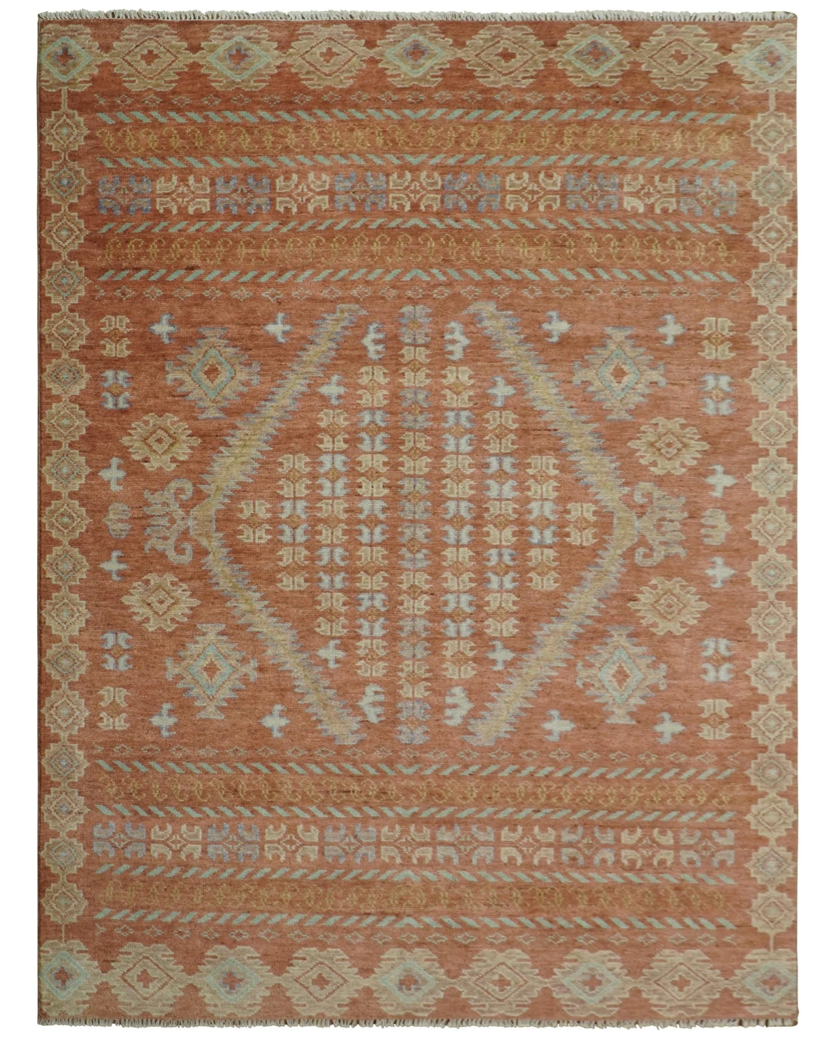 Rust, Beige and Blue Hand knotted Traditional Multi Size Oriental wool Area Rug - Image 11
