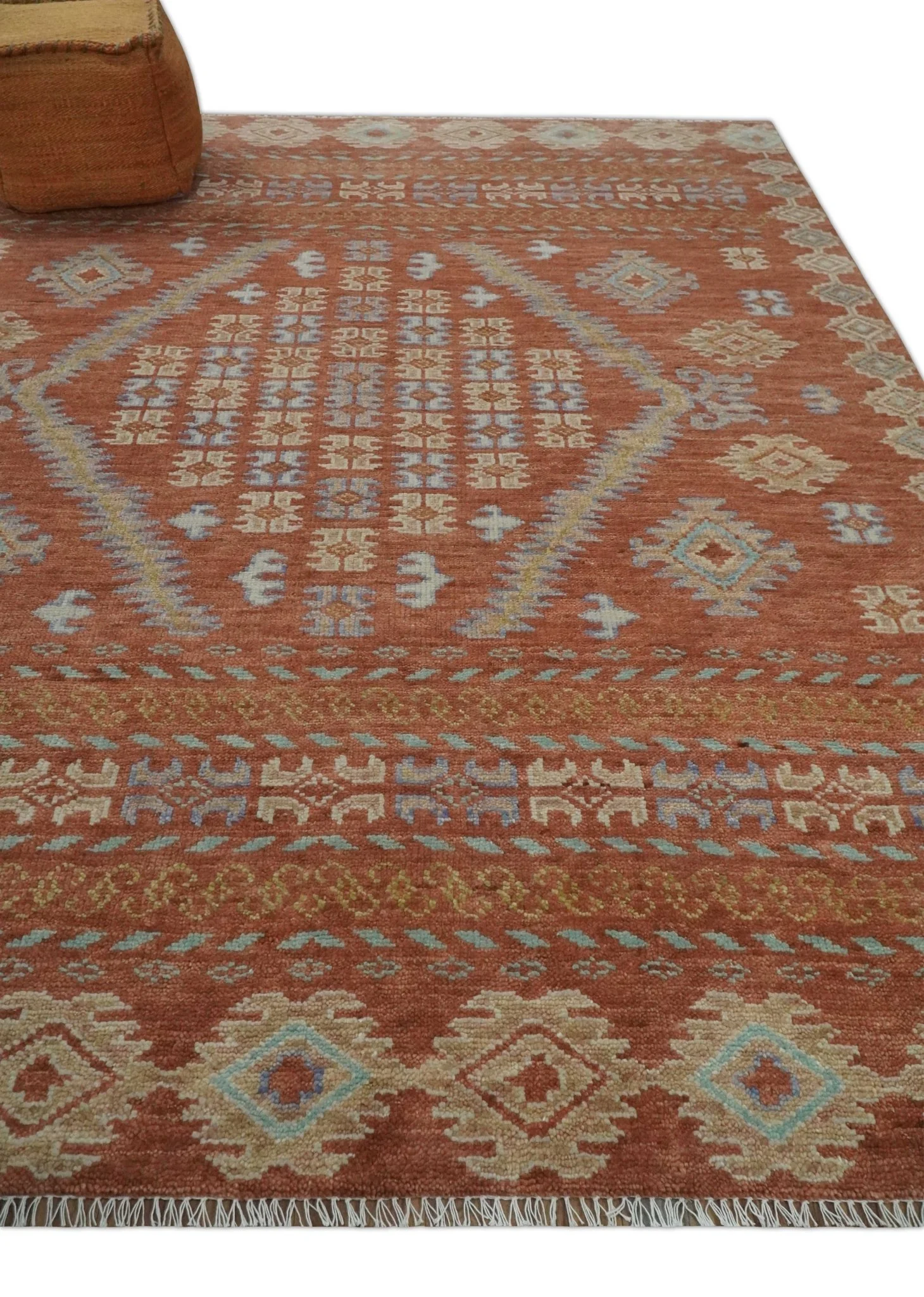 Rust, Beige and Blue Hand knotted Traditional Multi Size Oriental wool Area Rug - Image 3